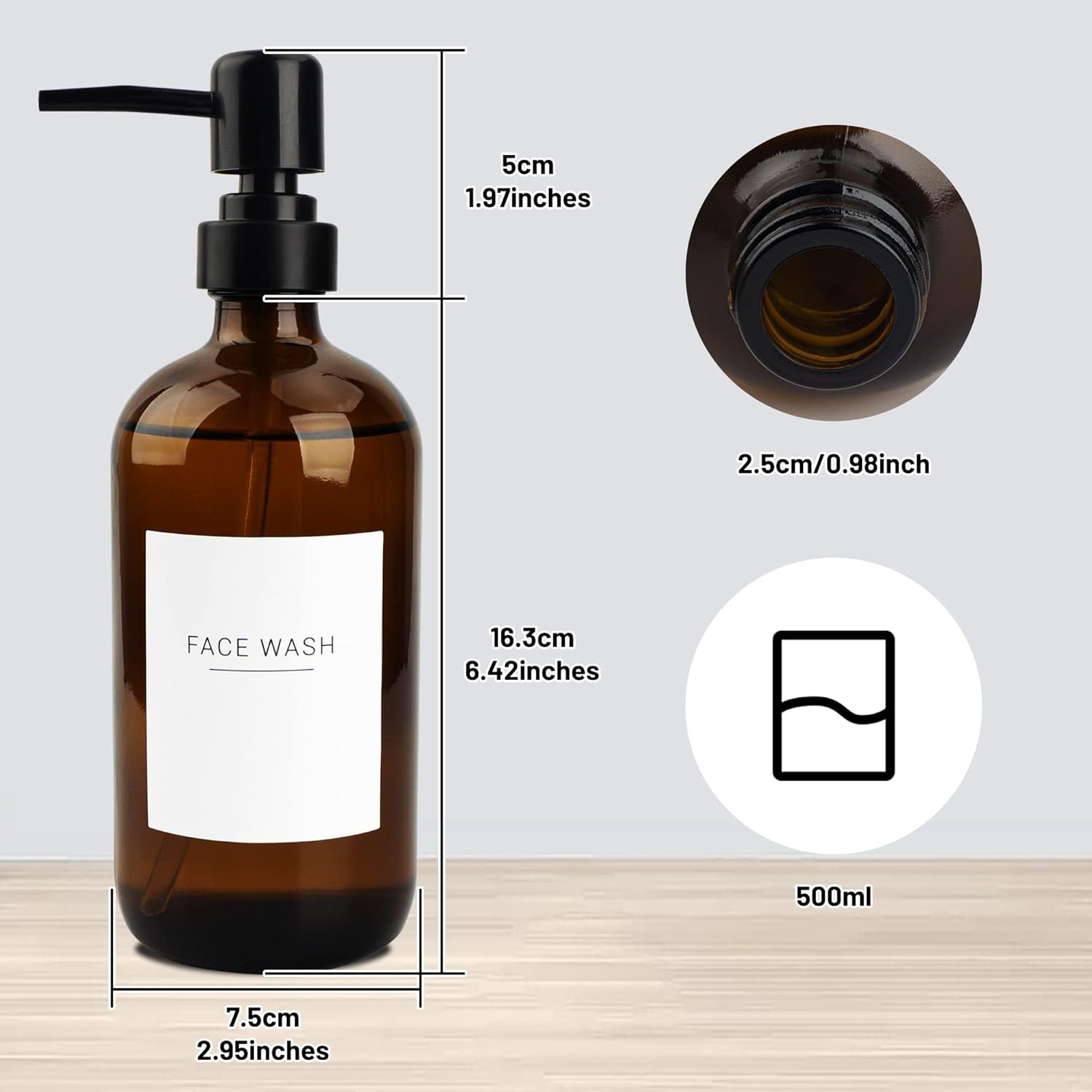 Set of 3 Amber Glass 16.9Oz Soap Dispensers with 22 White Labels Bathroom Liquid Bottle Container with Black Pump image number 6