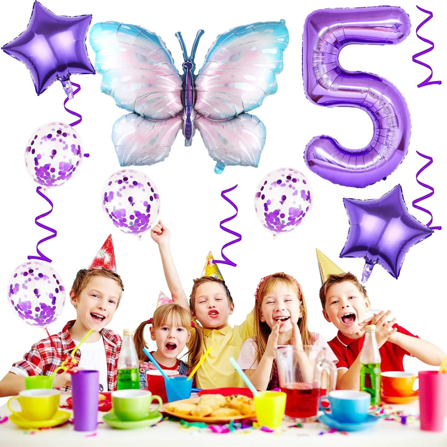 5 Years Butterfly Birthday Decoration Large Colourful Butterfly Foil Balloon 5Th Birthday Butterfly Balloon Purple Number 5 Balloon for Girls Birthday Party - 7 image number 6