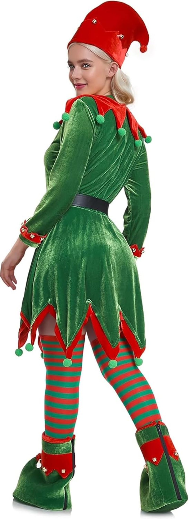 Elf Costume for Women Christmas Halloween Party Cosplay Dress 6 Packs Santa'S Helper Costume Christmas Outfit Elf Hat Shoes Ears Belt Socks
