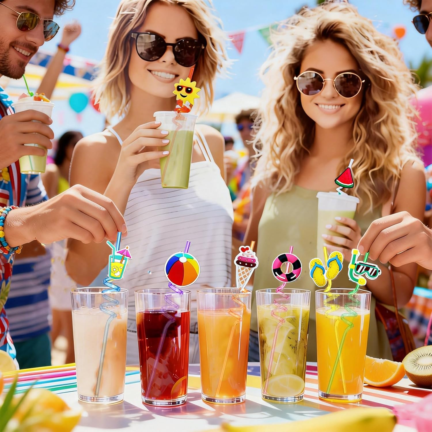24 Summer Pool Drinking Straws for Kids, Pool Party Decorations Supplies, Pool Party Favors for Kids Birthday, Crazy Silly Straws for Beach Theme Party Decorations (Summer Pool) image number 3