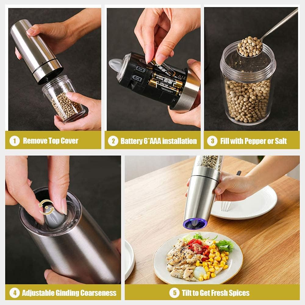 AVNICUD Electric Salt and Pepper Grinder, Automatic Pepper Mill, Gravity Salt Grinder, Battery-Operated with Adjustable Coarseness, LED Light, One Hand Operated (Silver 2Pack) - Black 1Pack image number 3