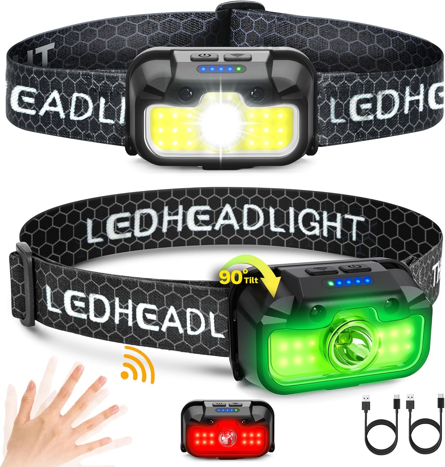 2 Pack Headlamp Rechargeable, 1300 Lumen Lightweight Bright with White Green Red Headlamp Flashlight, Waterproof Motion Sensor Head Lamp,14 Modes for Outdoor Camping Running Cycling image number 2