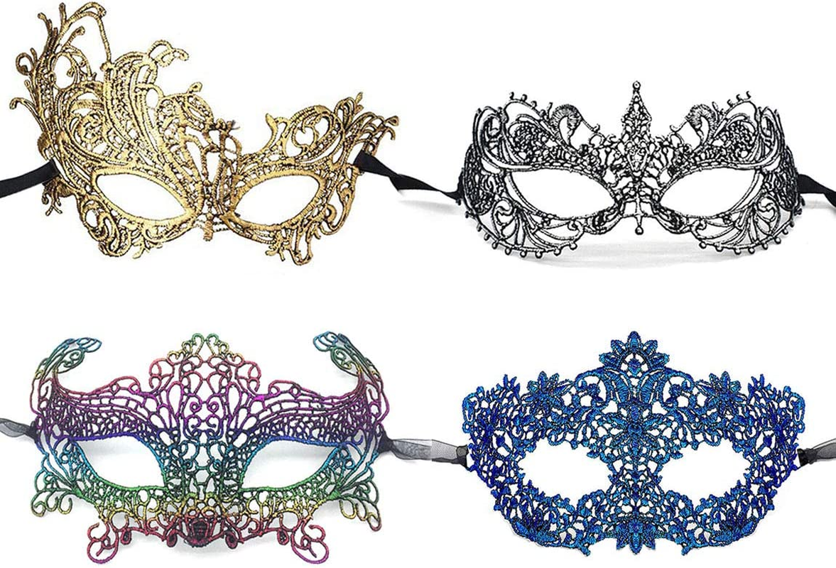 Imapo Masquerade Mask for Women 4 Pack, Girl'S Sexy Lace Venetian Style Eye Masks for Cosplay Mardi Gras Halloween Party Costume Ball - 4 Color
