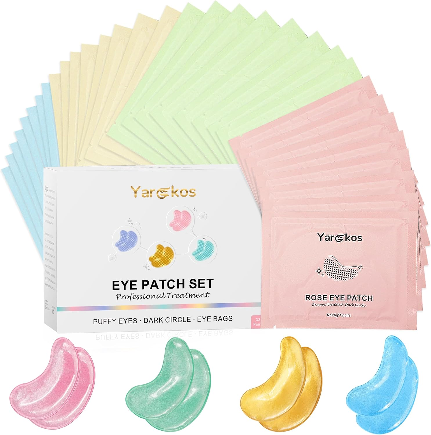 32 Pairs Hydrating under Eye Patches, anti Wrinkle Undereye Pad for Dark Circles Puffiness Puffy Eyes, Collagen Eye Masks Skincare, Travel Women Beauty Skin Care Face Gel (24K Golden+Blue+Pink+Green)