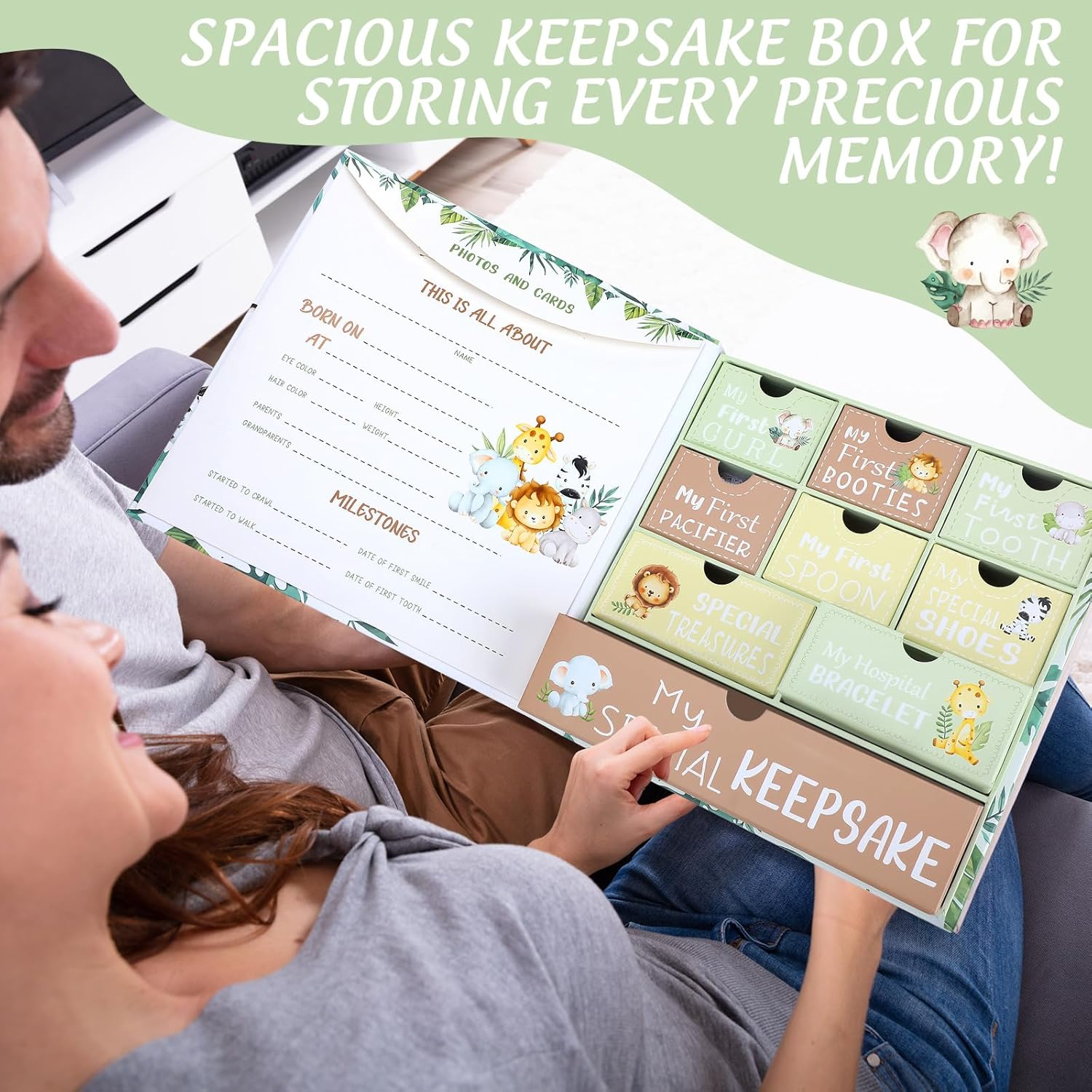 Baby Keepsake Box Newborn Memory Organizer with 9 Labeled Compartments Newborn First Keepsake Book Gift Box for Pregnancy Gender Neutral Baby Shower Maternity