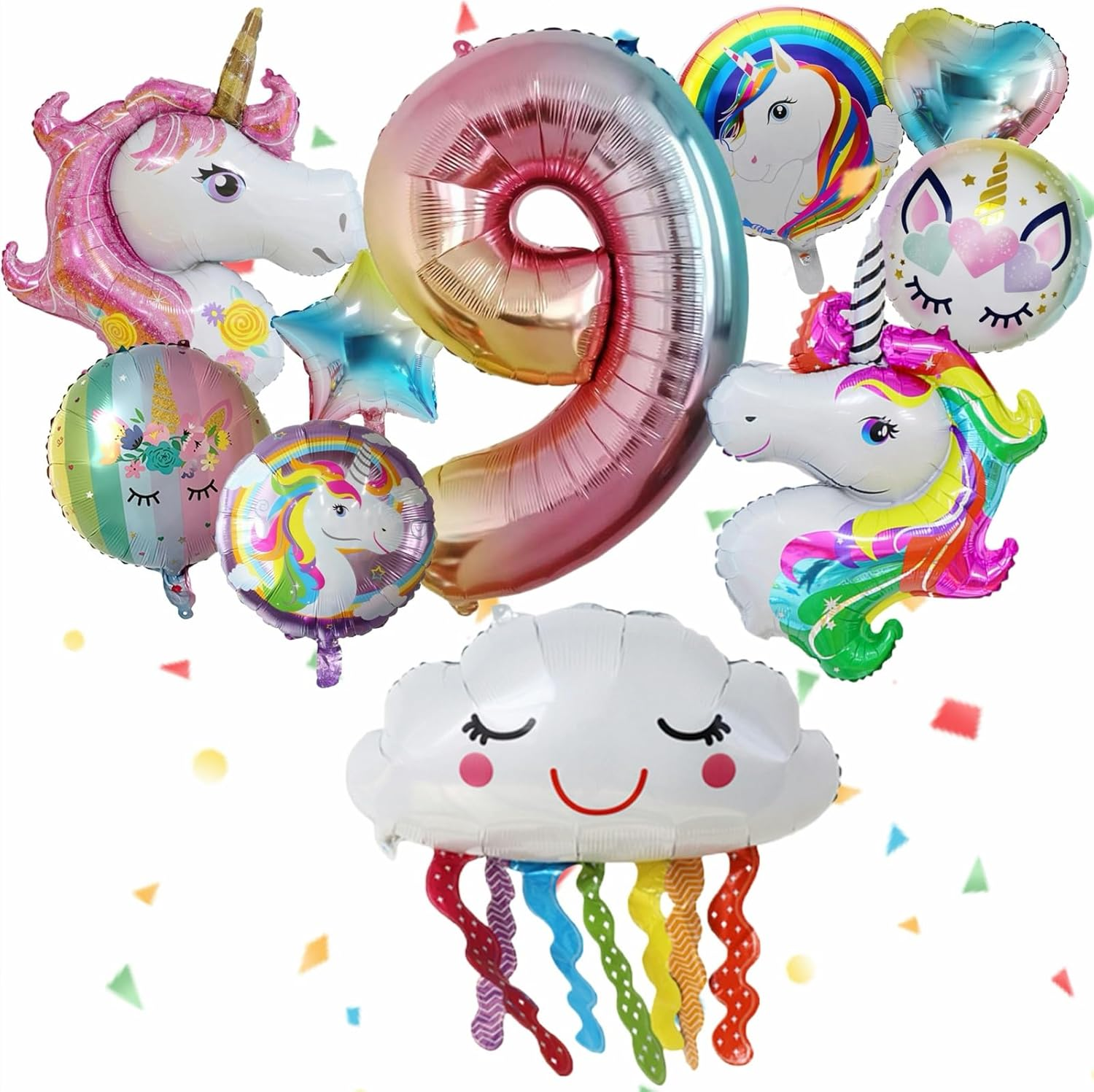 11 PCS 32In Birthday Number Unicorn Balloons, Unicorn Birthday Party Decor for 6Th Girls, Foil Balloons Set Macaron and Rainbow Balloon for Wedding Anniversary Baby Shower Party Supplie (Number 9)