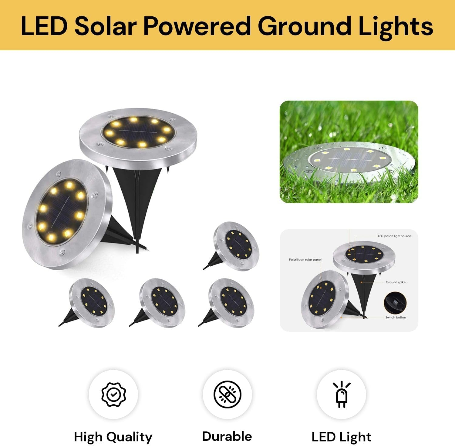 EZONEDEAL Solar Ground Lights, 8 LED Solar Disk Lights Outdoor Waterproof for Garden Yard Patio Pathway Lawn Driveway Walkway- Warm White (4 Pack) image number 6