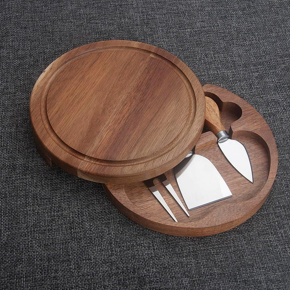Round Slide-Out Acacia Wood Cheese Serving Board and 3 Piece Cheese Tool Set, 7.5 Inch Diameter, Ideal for Wedding Birthdays Christmas Anniversary Housewarming Kitchen Personalized Gift image number 1
