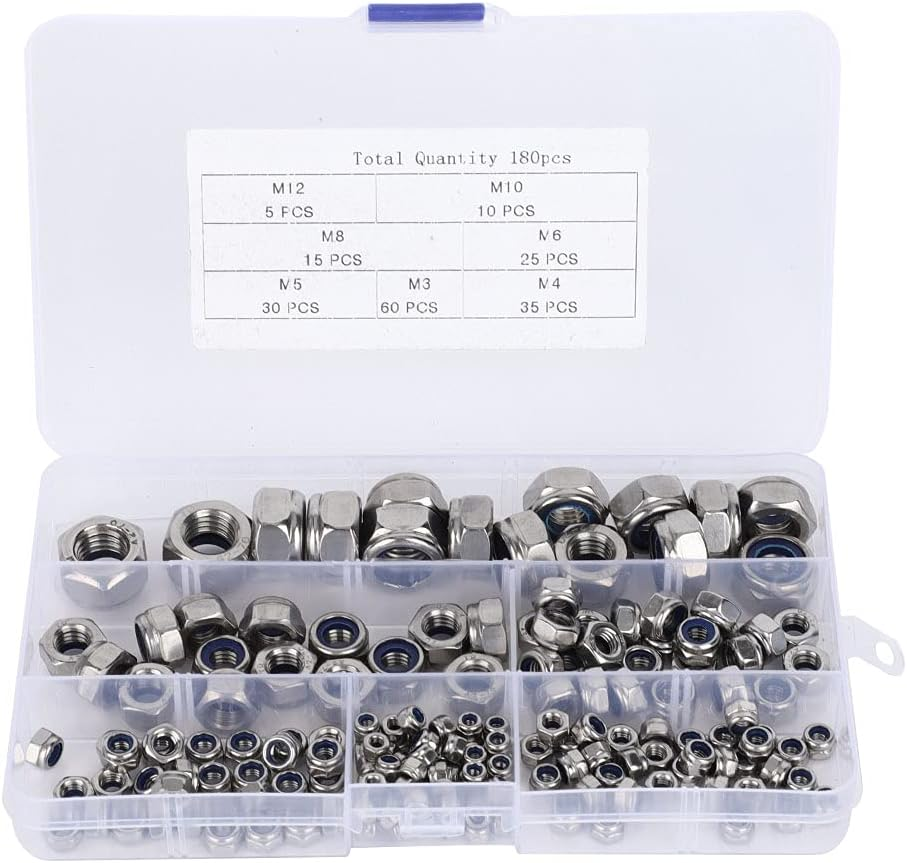 M3 M4 M5 M6 M8 M10 M12 Self-Locking Nuts Set,304 Stainless Steel Hex Nuts Fasteners Kit,With Storage Case (180Pcs) image number 1