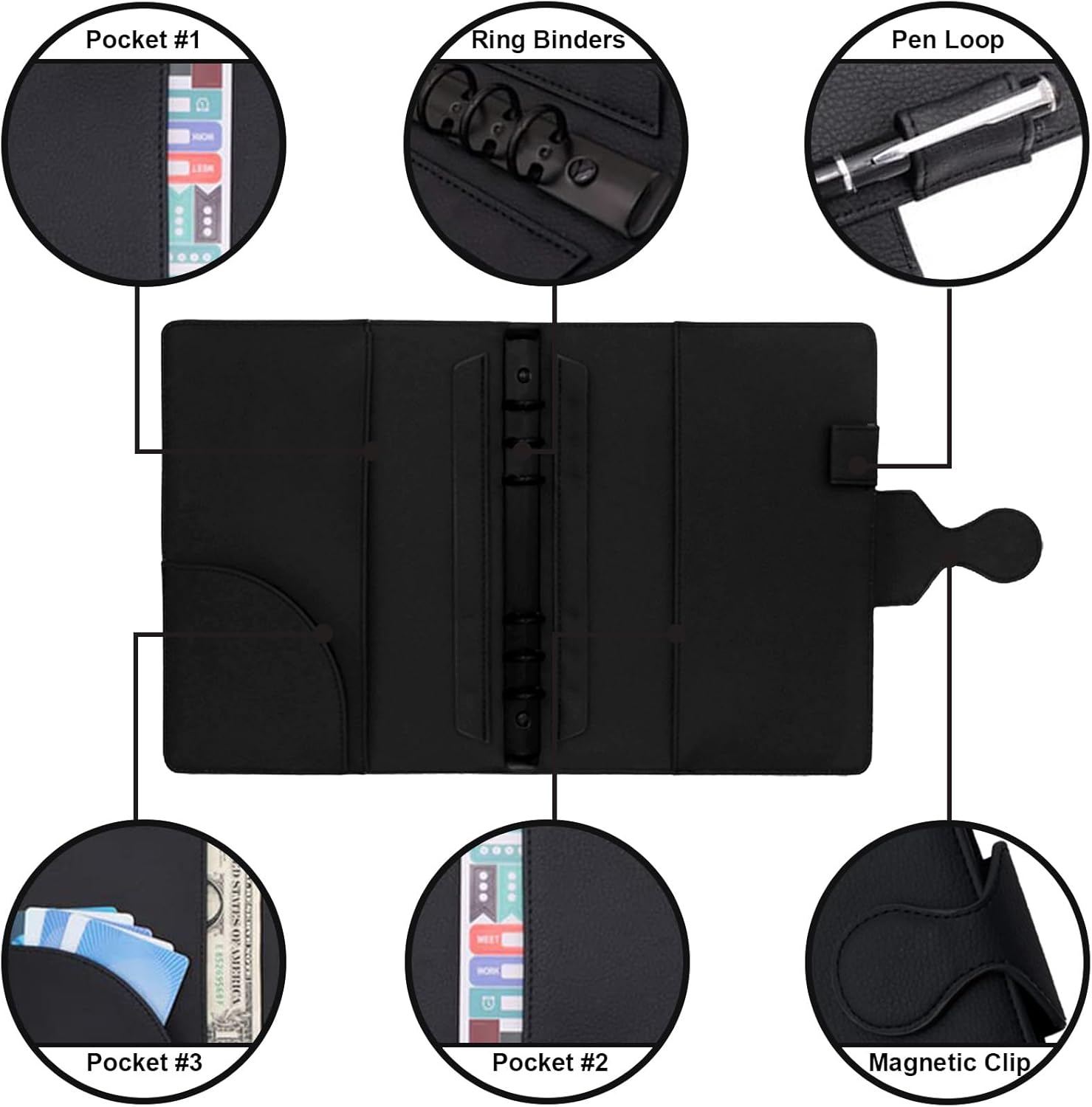 HXRTANGS PU Leather Notebook A5, 6-Ring Binder Journal Refillable Business Notebook, Personal Planner Organizer with Pockets/Pen Holder/Accessories/Lined Paper 160 Pages, Black - Brown image number 4