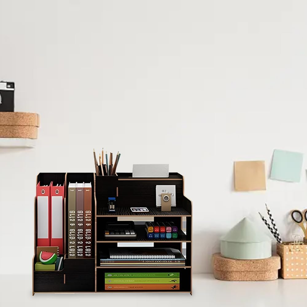 TOMVAES Wooden Desk Organizer with 3 Trays, File and Paper Organizer, Office Supplies Tray and Pen Holder for School Home (Black) image number 2