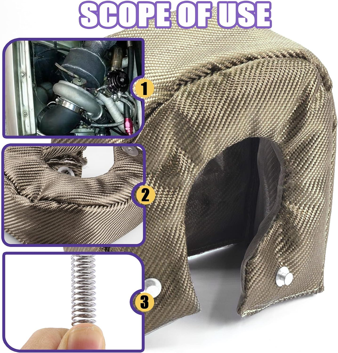 Swpeet 3Pcs T3 Titanium Turbo Heat Shield Blanket and Fastener Springs Assortment Kit, Charger Cover Wrap Heat Shield Barrier Fiber Turbo Blanket Turbocharger Cover Wrap image number 5