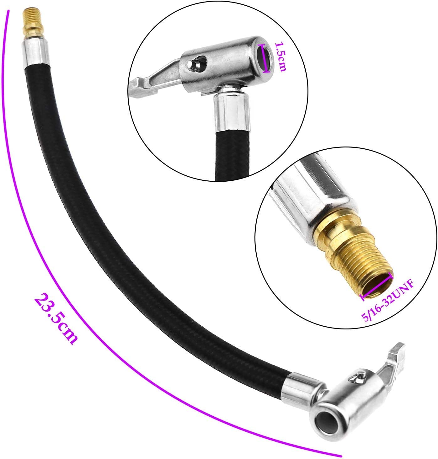 9.3"/23.5Cm Motorcycle Car Braided Flexible Clip on Air Tyre Tire Chuck Inflator Pump Hose Adapter 5/16-32UNF Pipe Air Tool image number 1