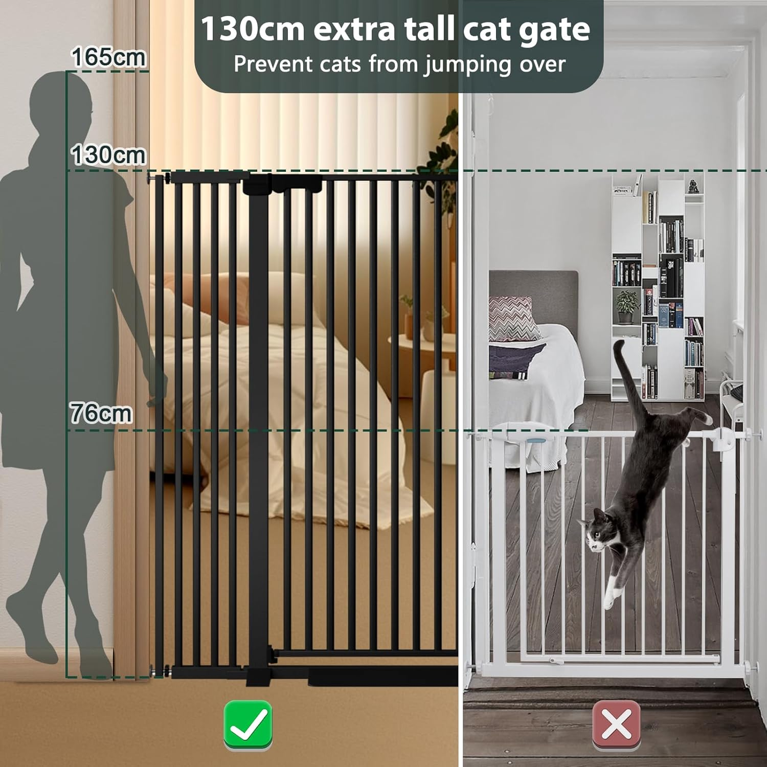 130Cm Extra Tall Cat Gate Barrier for Doorways No Jumping Over, 76-83Cm Wide Pressure Mounted Pet Dog Gates No Drill Auto Close, Cat Fence Indoor Climb Proof (Black) image number 2