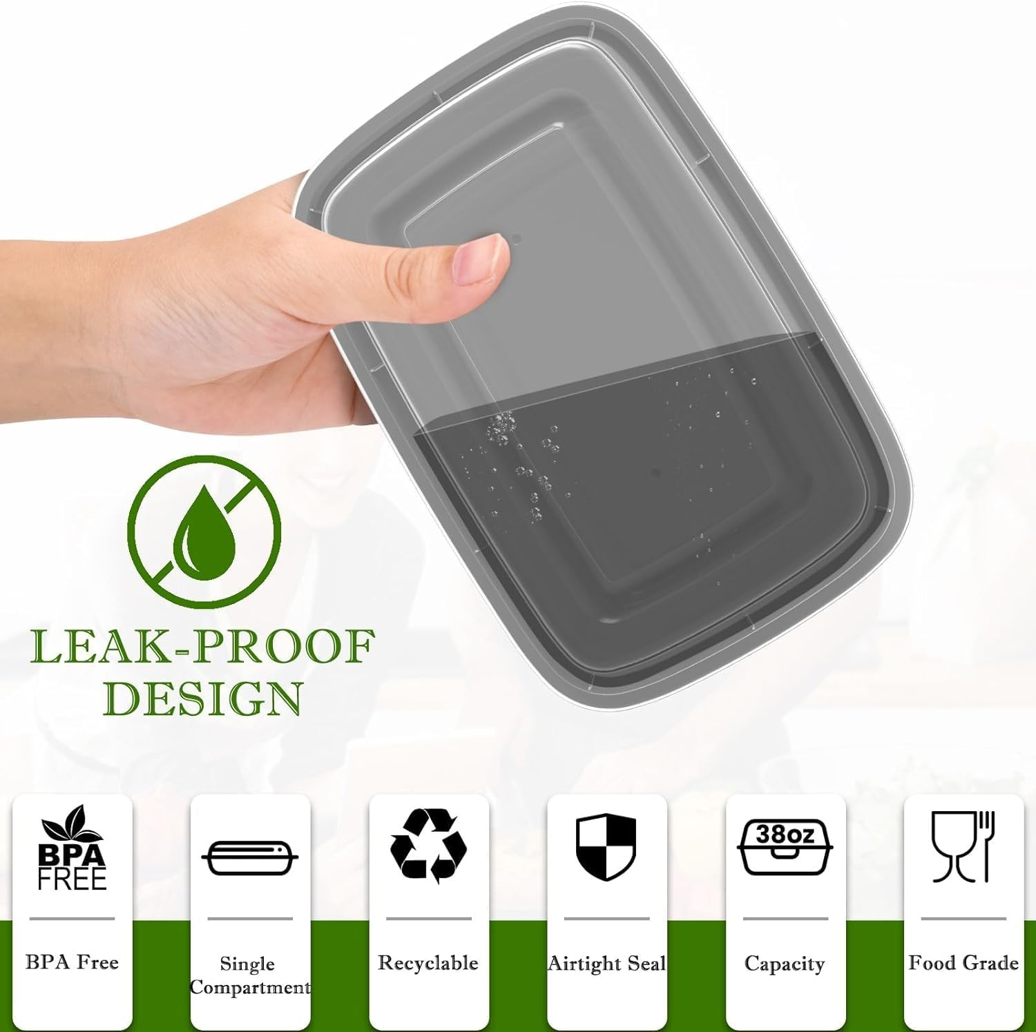 Meal Prep Containers (34 Oz) Reusable with Easy Open Lids, Microwave Freezer Dishwasher Safe, Sturdy Leakproof Food Safe, to Go Take Out Plastic Food Storage Pans with Lids, Black (10 Pcs) image number 2