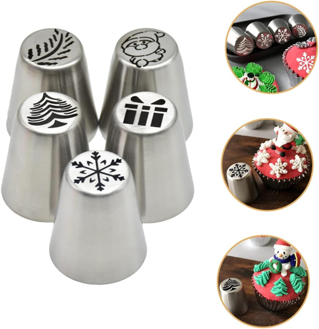5Pcs Stainless Steel Christmas Pastry Piping Tips for Cake Decor Cookie Cupcake Icing Nozzles Xmas Piping Tip for Baking