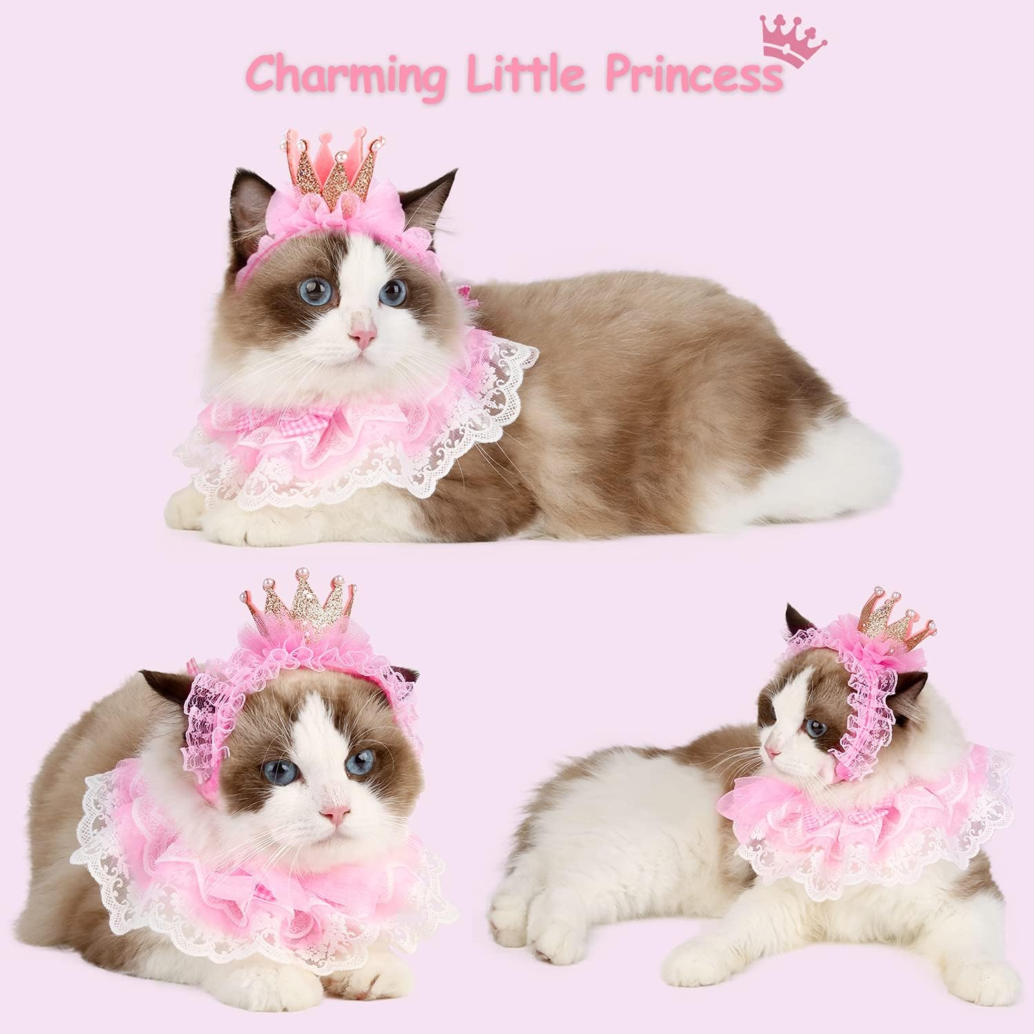 Legendog Cat Bandana, Princess Costume, Cute Lace Dog Bandanas and Crown Accessories for Small Dogs, Pink Outfit for Birthday Party (B-Pink) image number 3
