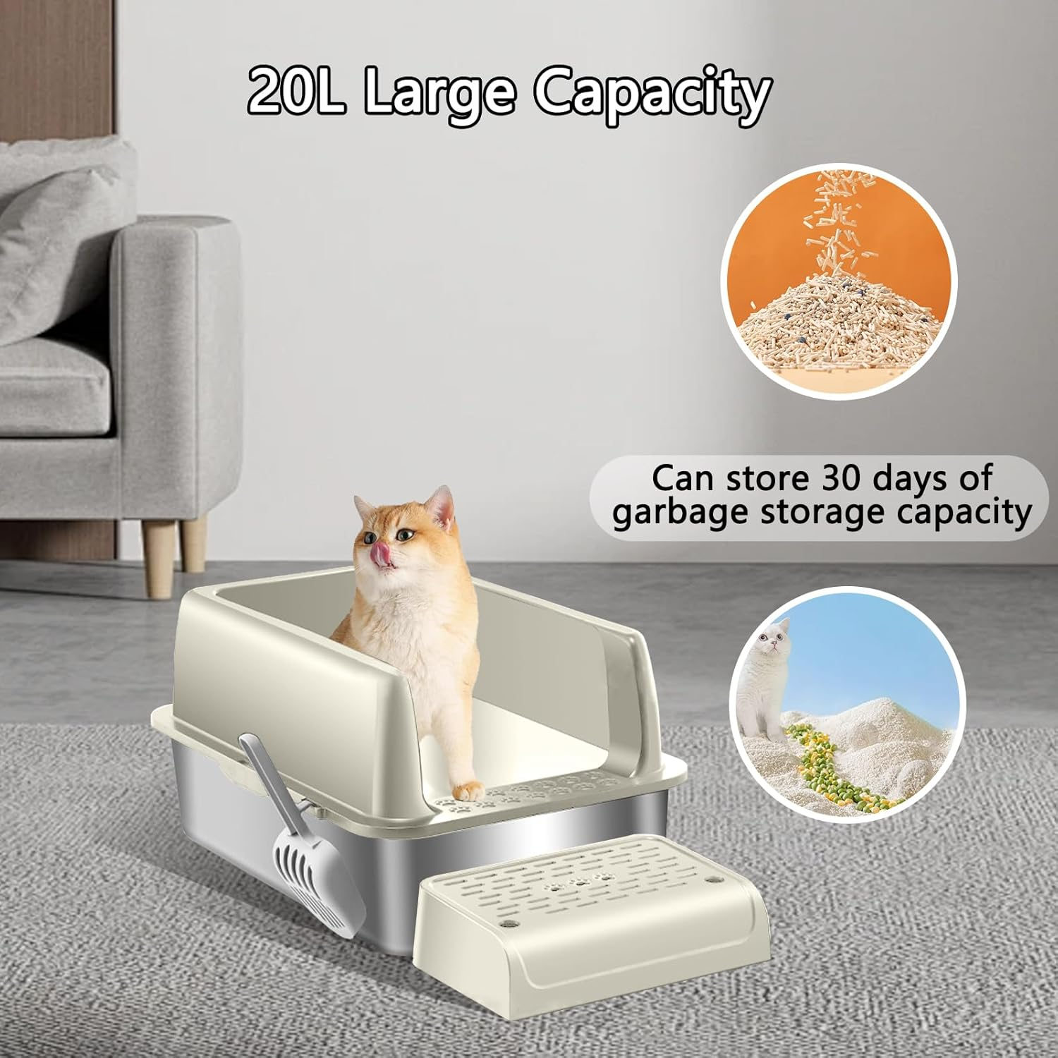 Menbyci Stainless Steel Cat Litter Box with Lid Footboard,Metal Extra Large Litter Box Self Cleaning,High Side Enclosure Cat Litter Tray for Big Kitty,Cat Scooper for Litter Boxes,24X16X12In (Khaki) image number 2