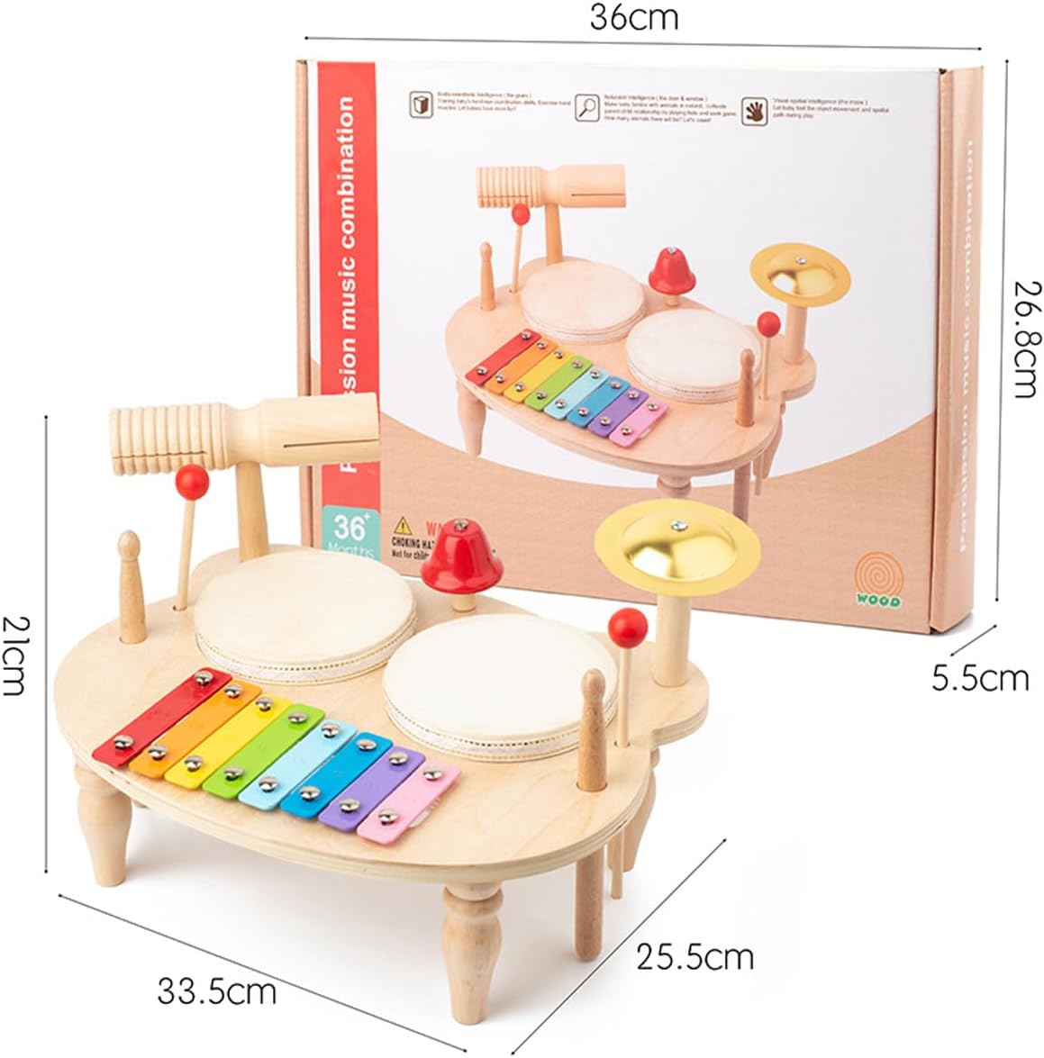 Kids Drum Set for Toddlers Baby Music Instruments 7 in 1 Montessori Preschool Musical Toys Children Drum Kit Xylophone Tambourine Birthday Gifts for Boys and Girls Natural Wooden Music Kit image number 4