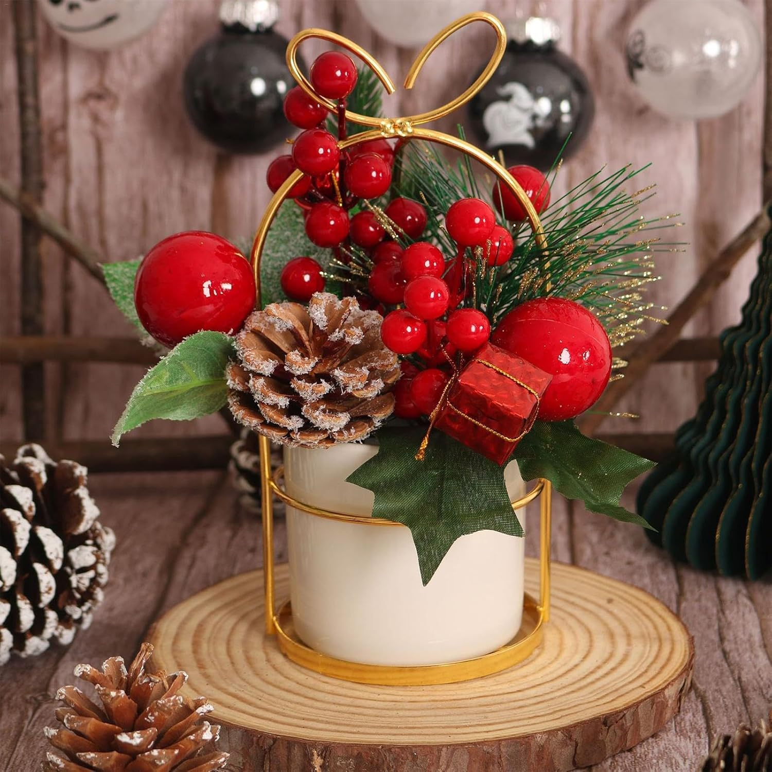 Christmas Pine Cone Potted Decoration,Christmas Arrangements Decor - Artificial Desk Stand Decor, Christmas Plants Centerpieces with Pine Cones and Berries for Tables, Home image number 3