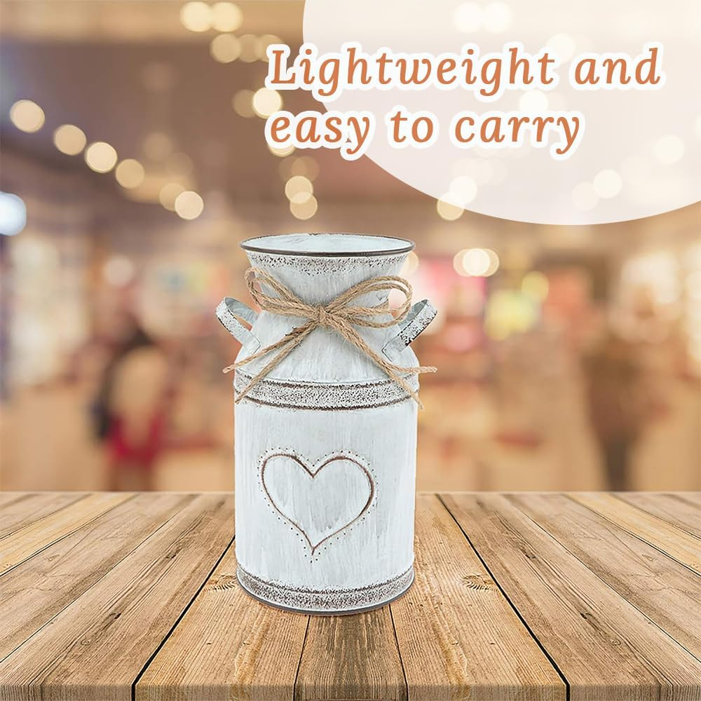 Vintage Metal Vase, Gray Farmhouse Style Retro Milk Jug with Heart Pattern and Handle, Milk Jug for Artificial Dried Flowers or Kitchenware for Home/Wedding and Plant Decoration