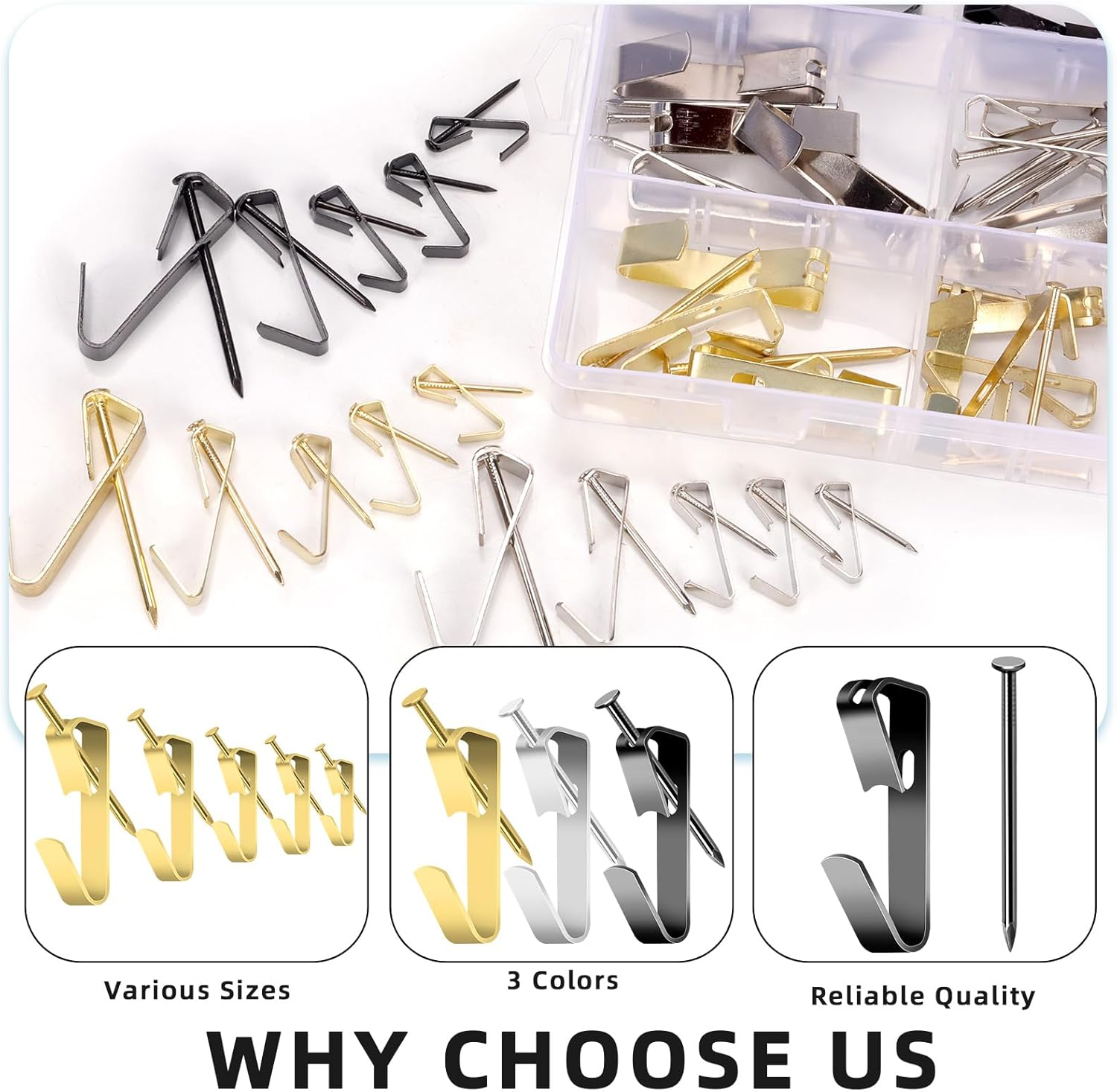 Glarks 120Pcs 10Lb/20Lb/30Lb/50Lb/100Lb Picture Hangers Hooks with Nails Kit, Gold Black Silver Picture Photo Hanging Hooks with Nails, Picture Hanging Kit for Frame, Painting, Art, Photo - Black image number 3