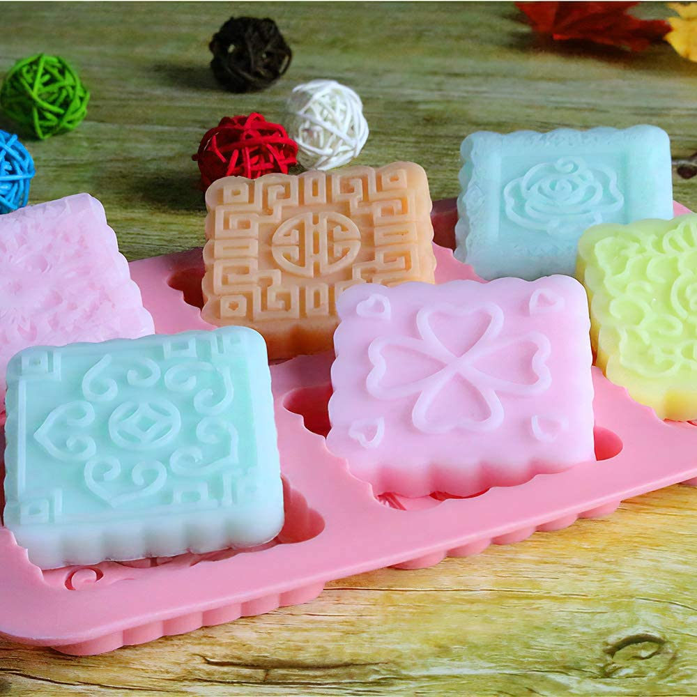 Soap Mold Silicone for Soap Making 2 Pcs, 6 Cavity Cupcake Mold round and Square Mooncake Pattern for DIY Handmade Craft (Pink) image number 1