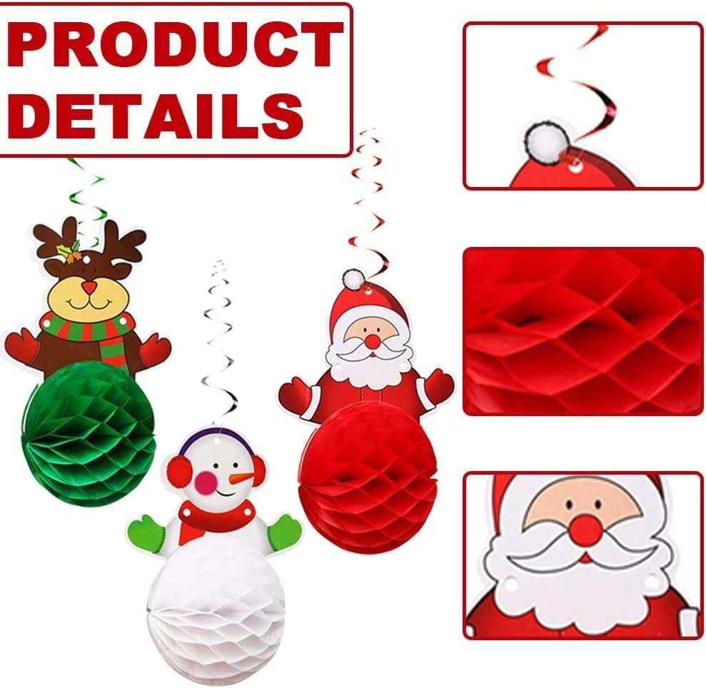 12 Pcs Christmas Decorations Set Christmas Decoration Honeycomb Balls Christmas Hanging Swirls Decorations Balls Santa Reindeer Snowman Ceiling Swirls Dangling Decorations image number 3