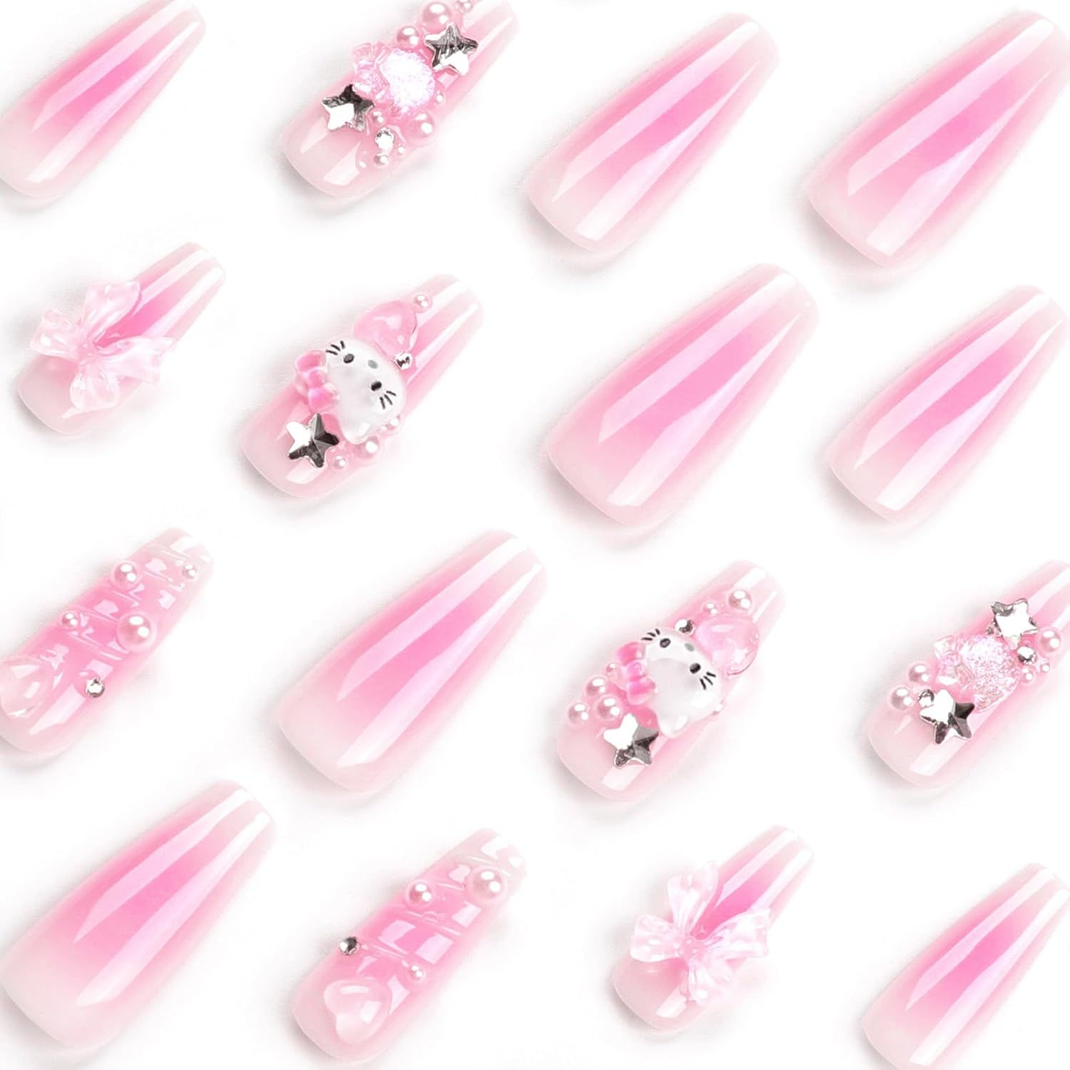 24PCS French Pink Kitty Press on Nails,Cute Kawaii 3D False Nails,Cartoon Y2K Long Length with Pearl and Bow Design,Trapezoid Coffin Fake Nails,Glossy and Full Cover Acrylic Nails for Women image number 4