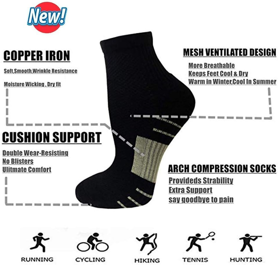 Copper Plantar Fasciitis Running Compression Socks for Men & Women - 6 Pairs Copper Infused Ankle Socks for Athletic&Travel - - Small/Medium image number 5