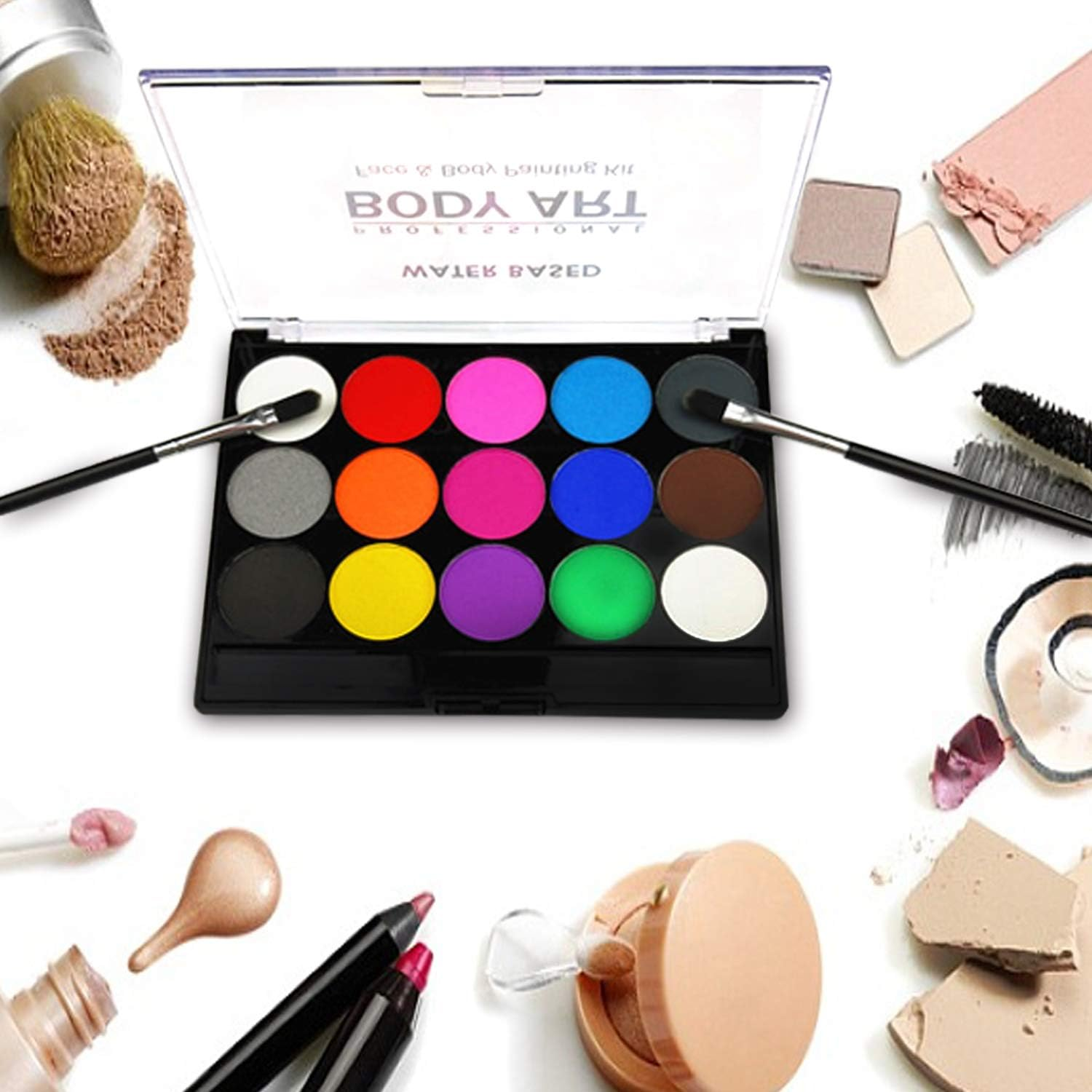 Face Paint Kit for Kids, Professional Quality Face & Body Paint, Hypoallergenic Safe & Non-Toxic, Easy to Painting and Washing, Ideal for Halloween Party Face Painting, 15 Colors with Two Brush image number 4