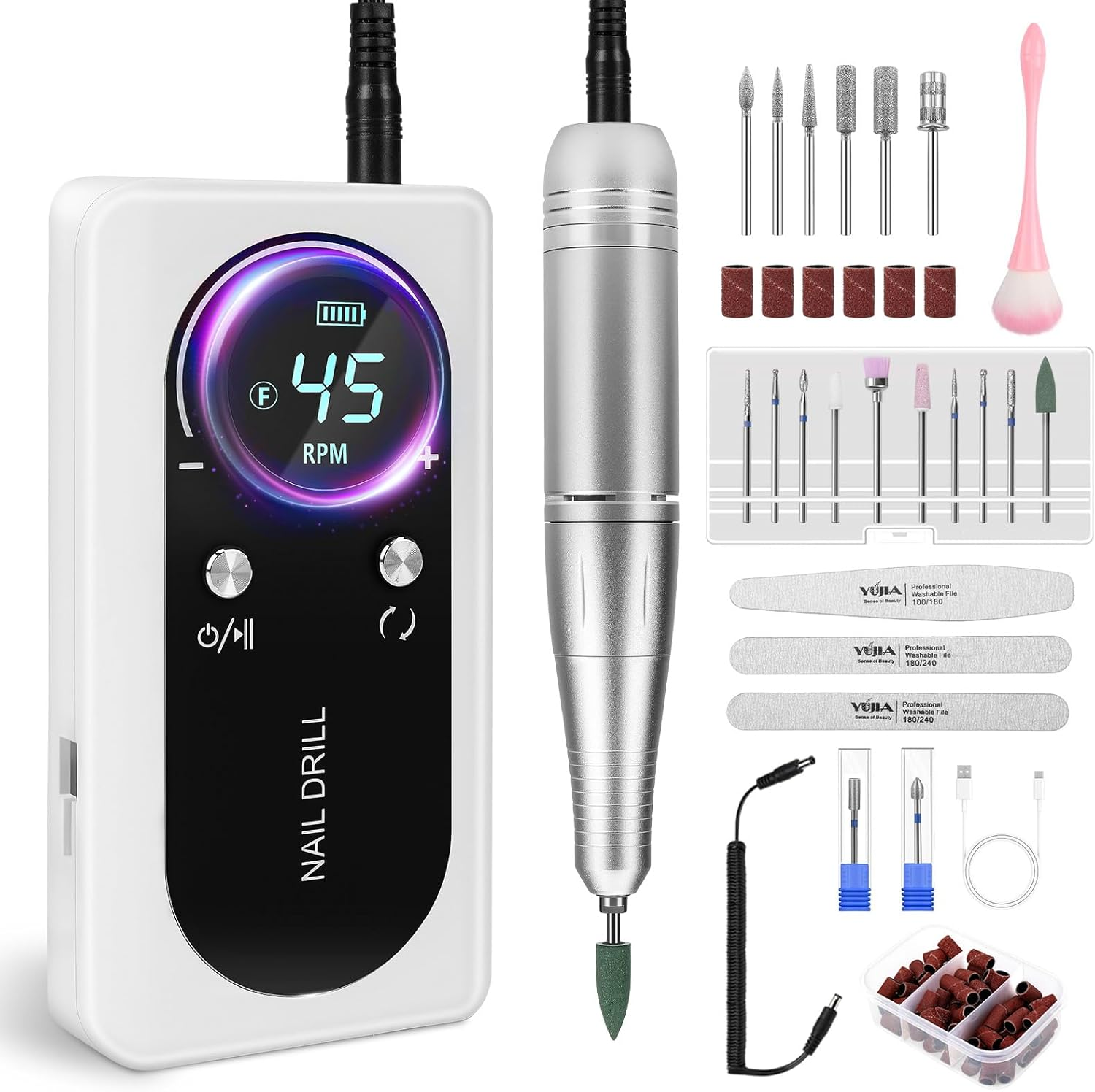 Electric Nail Cutter with 2000 Mah Battery, 45000 RPM Portable Electric Nail File with 80 Sanding Belts, 17 Bits, 2 Nail Files, 1 Nail Buffer and 1 Soft Brush, for Home Salon (White) image number 4