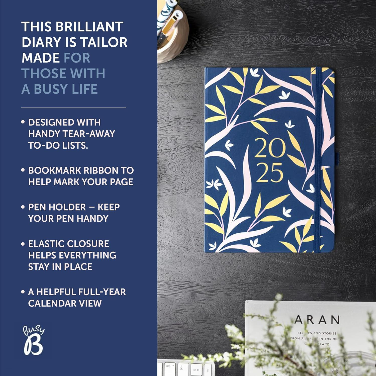 Busy B 2025 Diary - A5 Weekly Planner with To-Do Lists & Notes Pages &ndash; Work, School, Office Navy Floral Journal - Week-To-View Layout, 3 Pockets & Year Planner image number 5