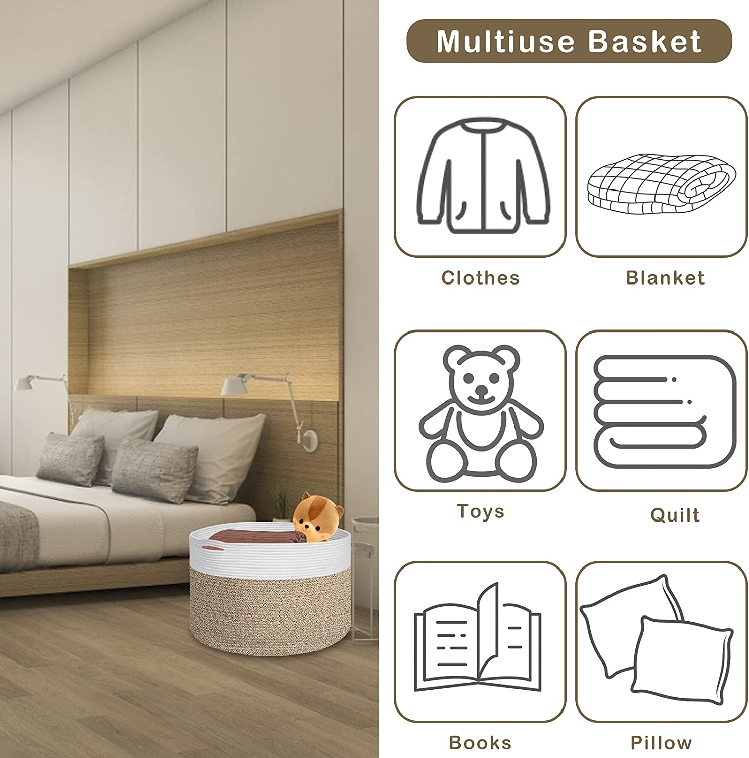 Extra Large 100% Cotton Rope Basket 21.7" &times; 21.7" &times; 13.8", SONPENT Woven Storage Laundry Basket Cotton Basket Pillows Storage Bin with Handle for Living Room Home Decor image number 5