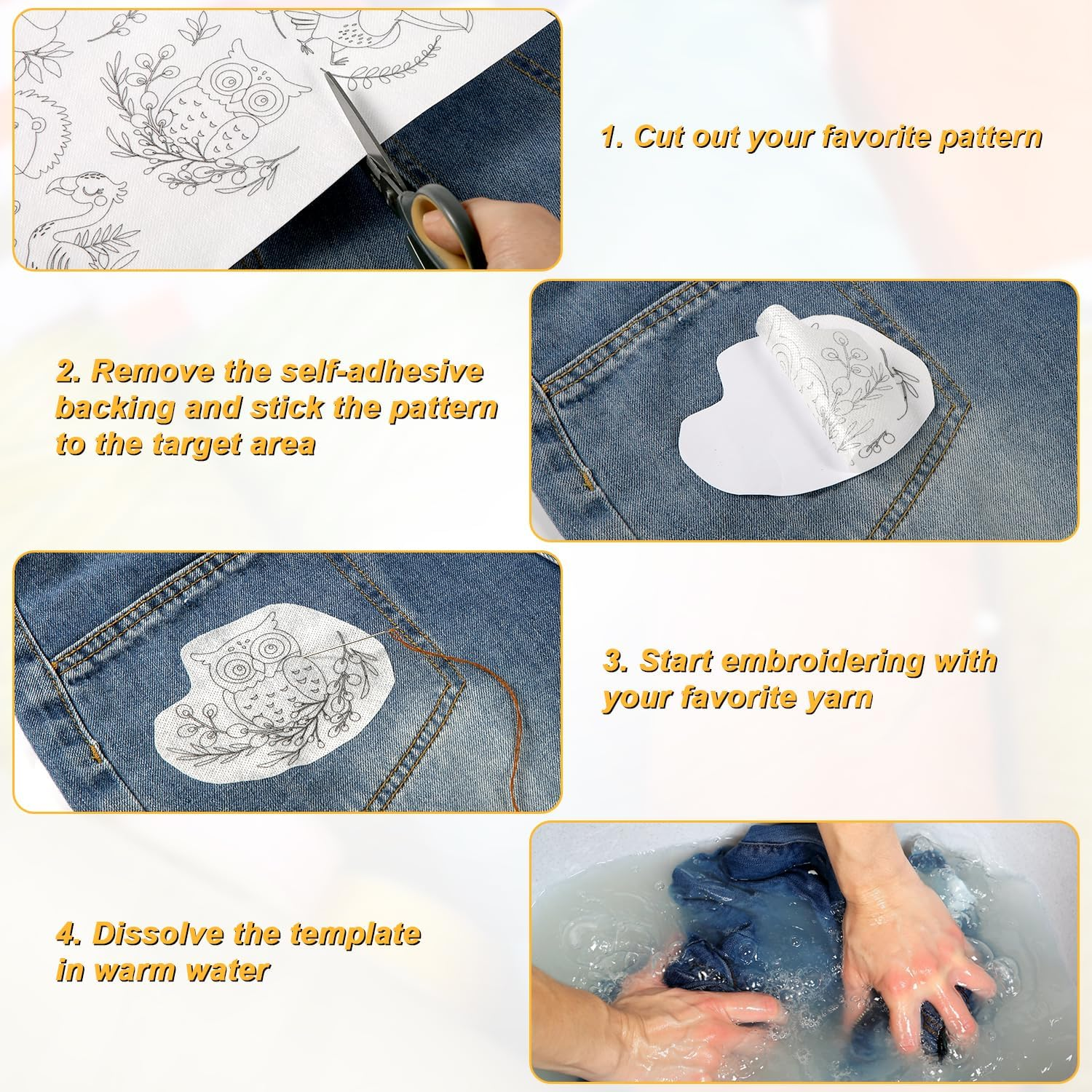 3 Sheets Water Soluble Embroidery Stabilizers, Botanical Flower Pattern Stick Embroidery Transfer Paper Peel Stick Embroidery for Bag Hat Fabric Hand Sewing Beginners Lovers image number 5