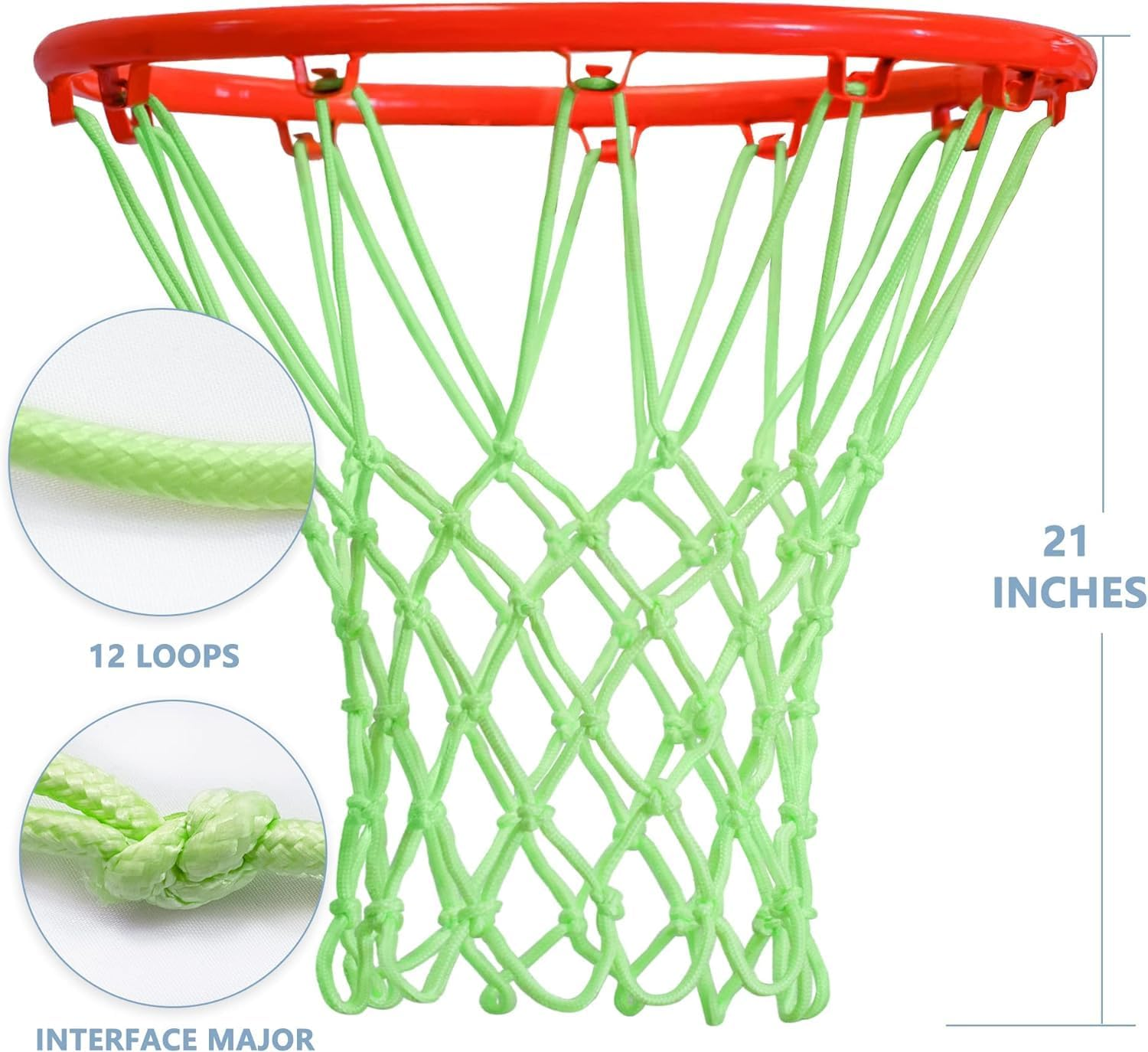 Basketball Net Outdoor, Upgraded Glow-In-The-Dark Basketball Net, Heavy Duty Basketball Net Outdoor, 12 Ring Standard Size Nightlight Basketball Sports Gift Sports School (Fluorescent Green) image number 6