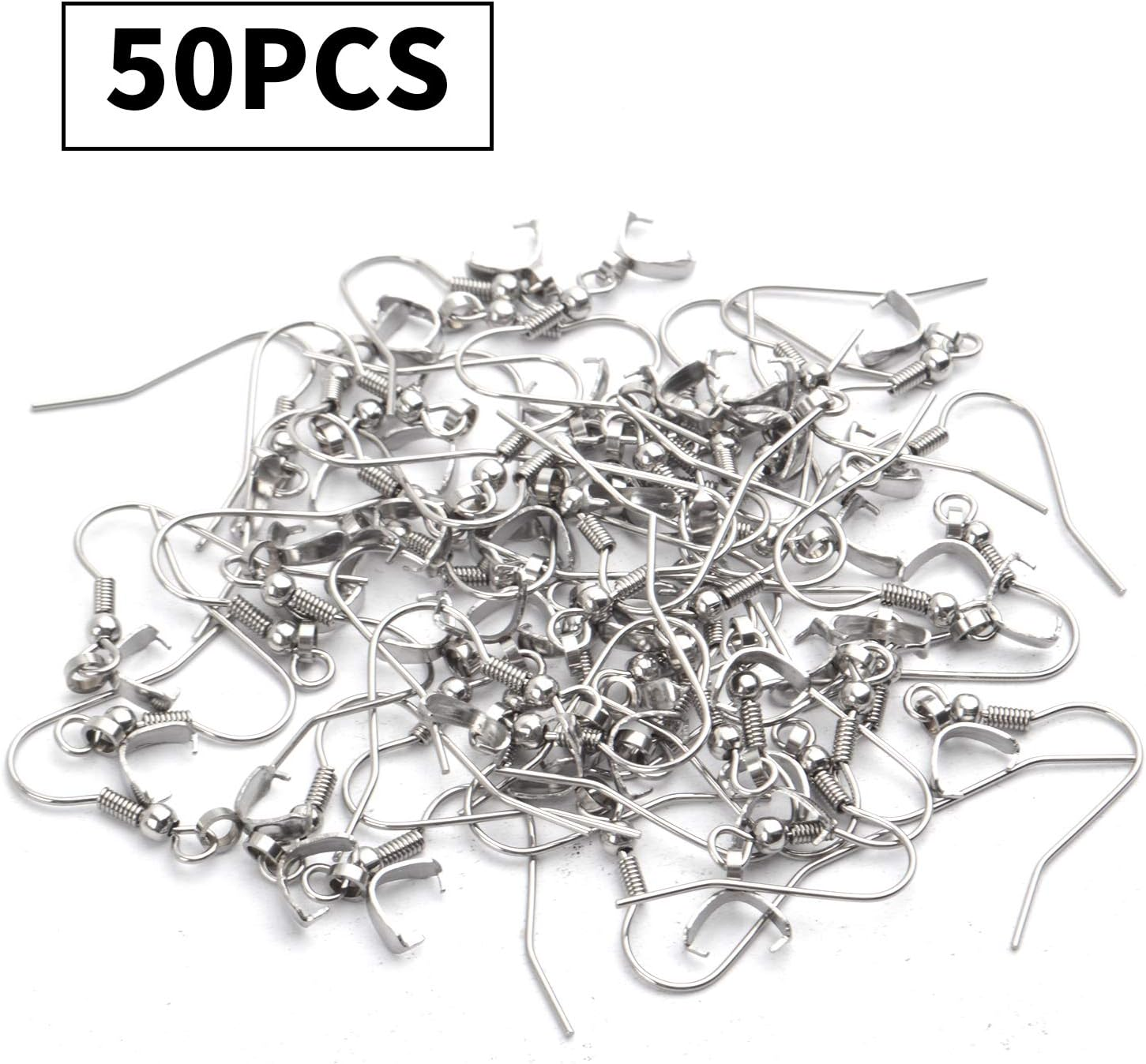 Hypoallergenic Earring Hooks,50Pcs Stainless Steel French Earring Hooks Wire Ear Ball Hooks with Pendant Clasp for Jewelry Earring Making Crafts Diy,Silver image number 1