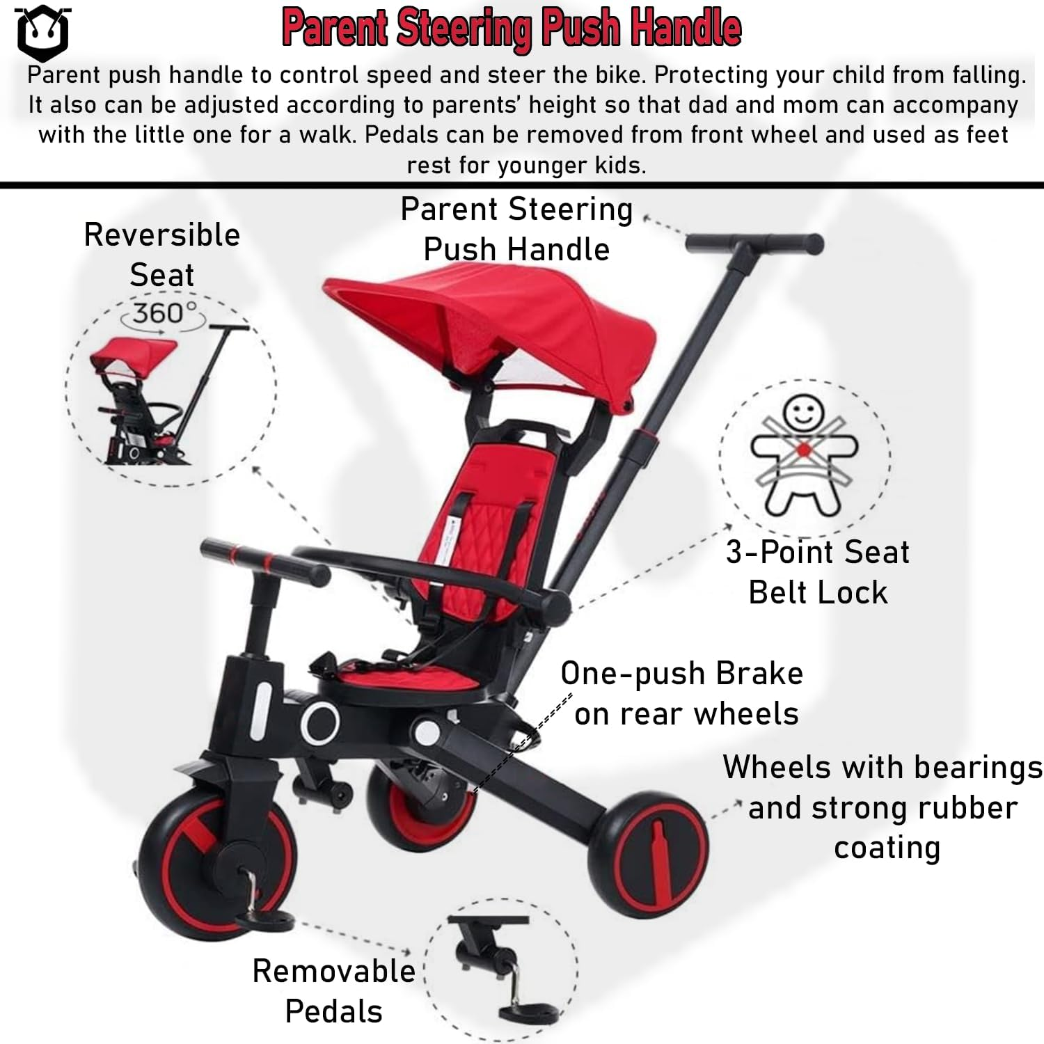 7 in 1 Kids Tricycle with Parent Steering Push Handle. Kids Bike, Balance Bike. Lightweight and Portable Push Bike with Removable Pedals. Toddler Trike with Canopy, Guardrail & Safety Harness (Red) image number 3