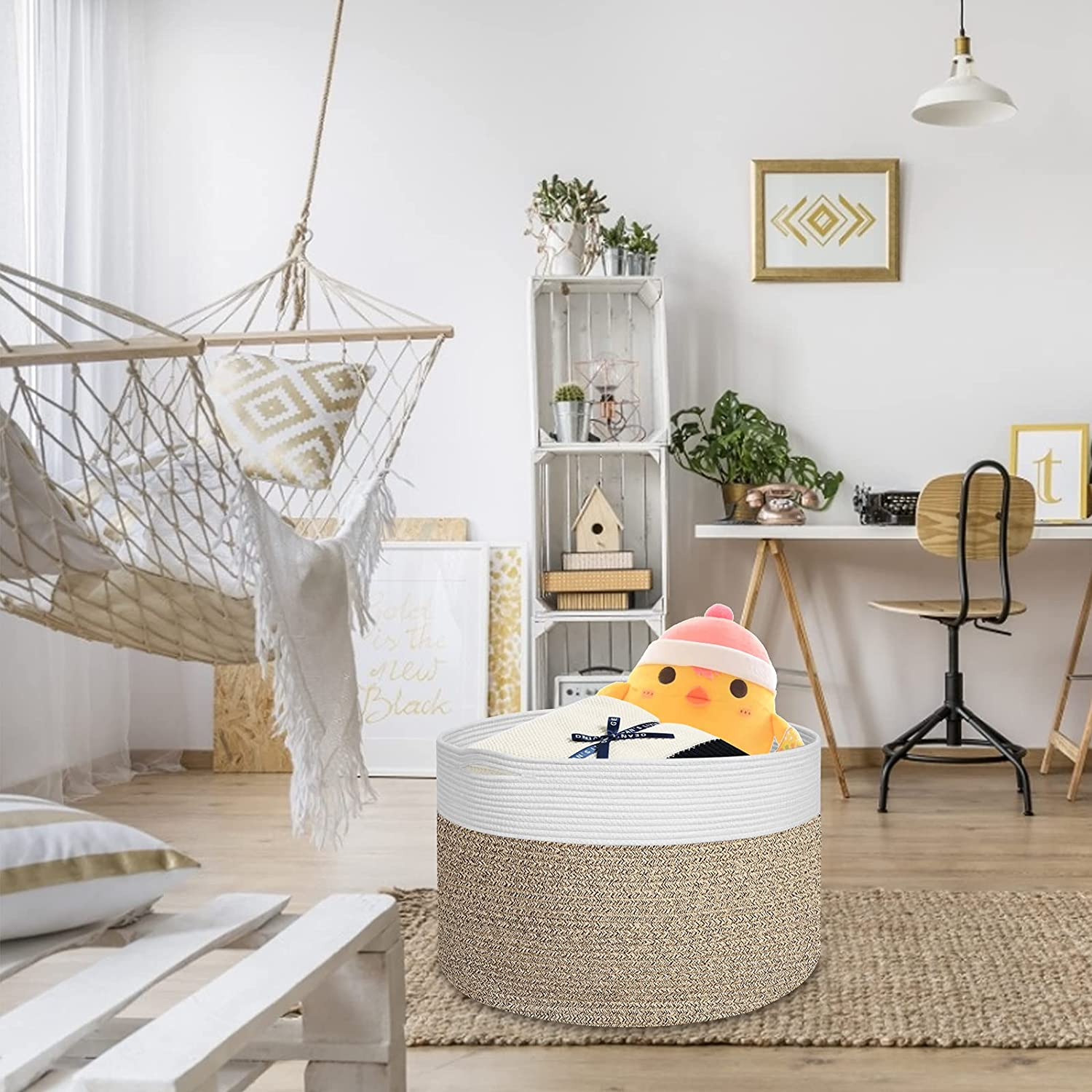 Extra Large 100% Cotton Rope Basket 21.7" &times; 21.7" &times; 13.8", SONPENT Woven Storage Laundry Basket Cotton Basket Pillows Storage Bin with Handle for Living Room Home Decor image number 1