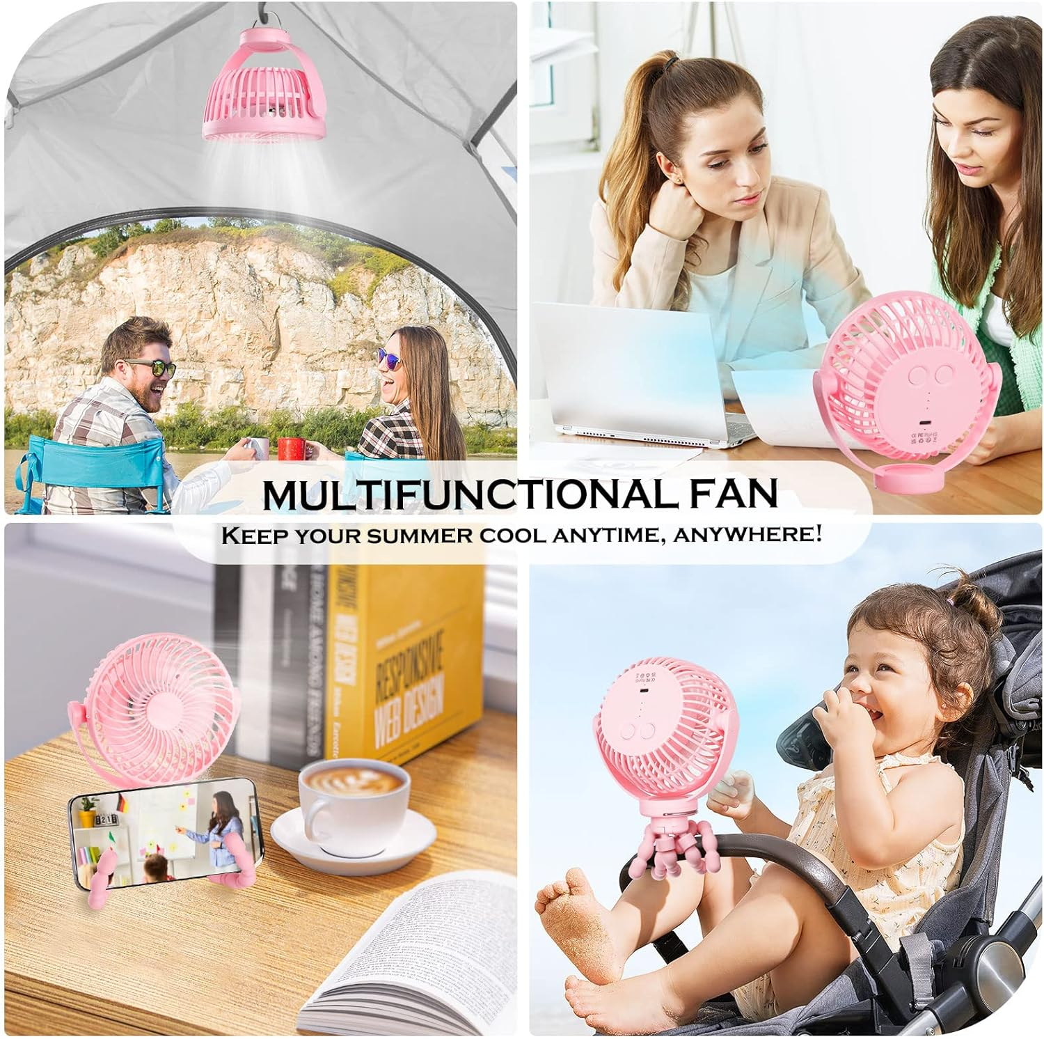 Hianjoo Stroller Fan with LED Light, 5200 Mah Desk Fan Silent Camping Fans with Hook 360&deg; Rotation Flexible Portable Rechargeable Electric Powerful Cooling Fan for Office/Camping/Car/Bbq/Gym, Pink image number 6