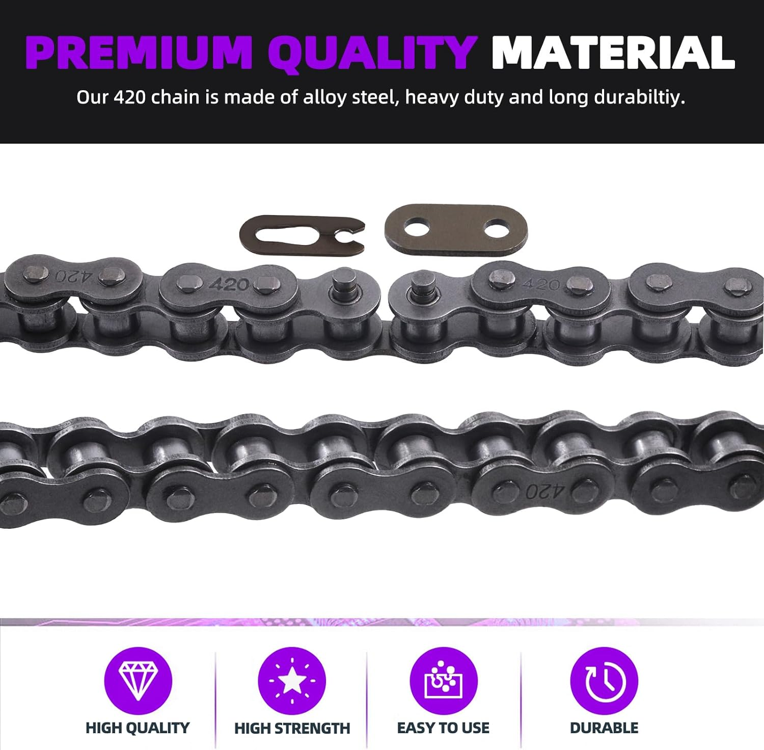 Swpeet 59" 420 Standard Roller Chain Motorcycle Kit - 132 Links with Chain Breaker, Carbon Steel Drive for 110Cc 125Cc Dirt Pit Bike ATV Quad Go Kart Scooter image number 2