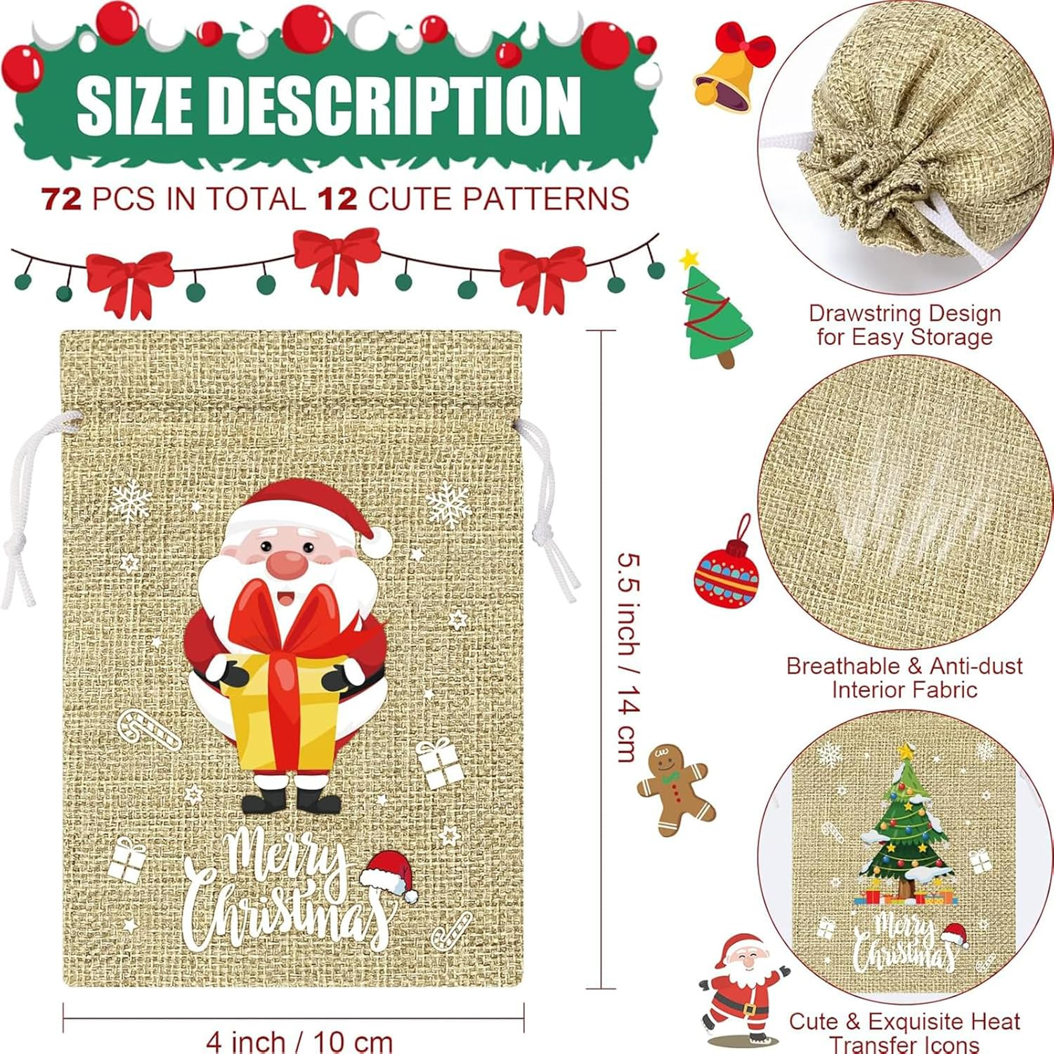 24 Pcs Christmas Jute Burlap Gift Bags with Drawstring, 12 Designs,4X5.5 Inches (10 X 14 Cm) Small Gift Jute Christmas Candy Bags for Christmas Parties and Other Holiday Occasions. - Brown 24Pcs image number 2