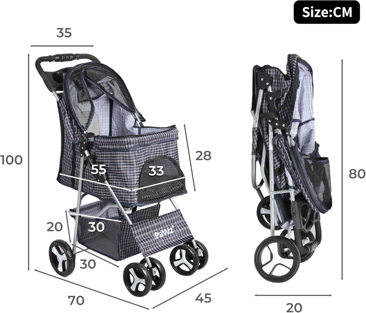 Pawz Large Pet Stroller Dog Cat Carrier Travel Pushchair Foldable Pram 4 Wheels, Travel Pet Pram with Seat Belts Buckle, Removable Cushion Dog Car Seat, Puppy Pushchair with Coffee Cup Holder image number 4