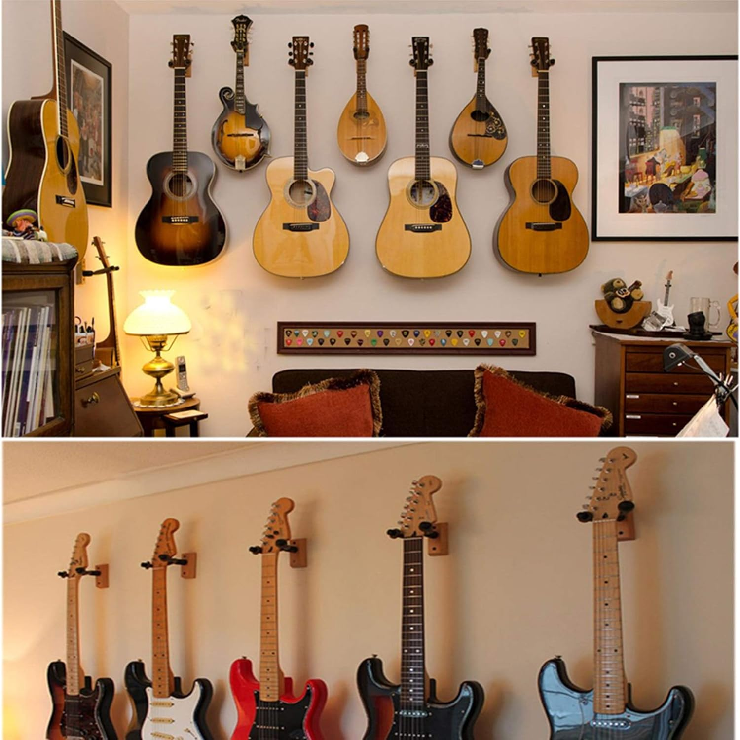 Guitar Wall Mount 6 Pack, Hardwood Guitar Hanger Wall Hook Holder Stand Display with Screws - Easy to Install - Fits All Size Guitars, Bass, Mandolin, Banjo, Ukulele image number 2
