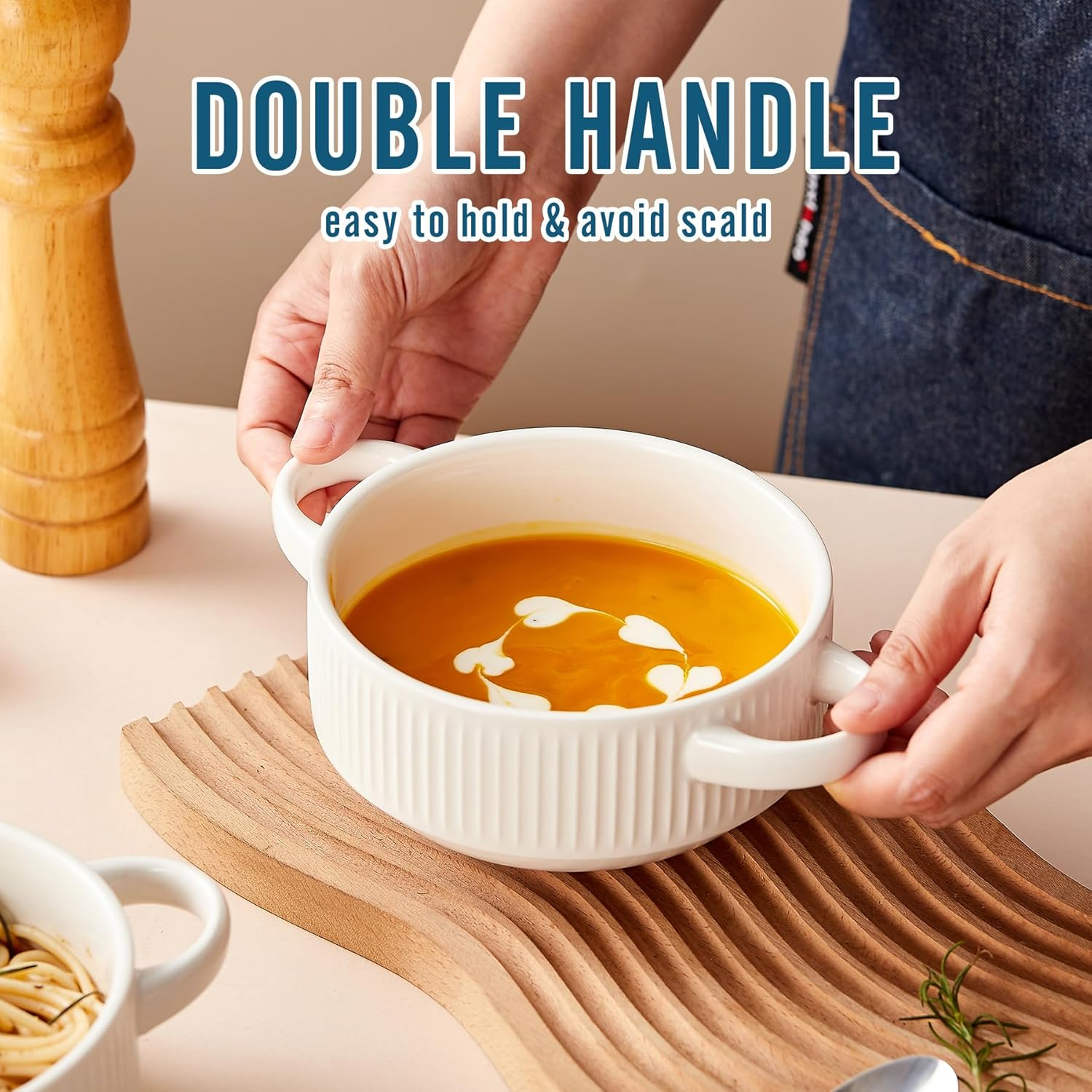 Ceramic Soup Bowls with Handles, 20 Oz French Onion Soup Bowls Set of 4, Stackable Soup Crocks for Soups, Chili, Beef Stew, Microwave and Oven Safe - 5.4Inch, White image number 4