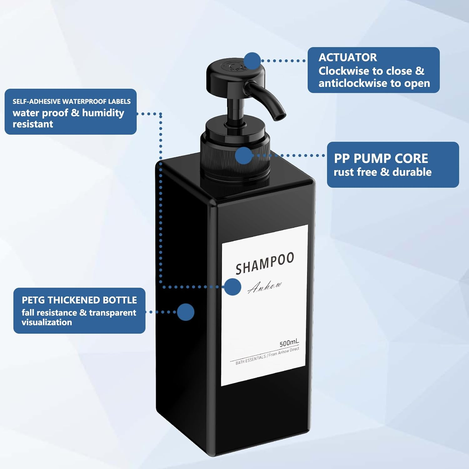 3 Soap Dispensers, Shampoo and Conditioner Dispenser Hand Soap Body Wash Refillable Bottles with Waterproof Category Labels for Shower/Kitchen/Bathroom Lotion Dispensing- Black / 500 Ml image number 2