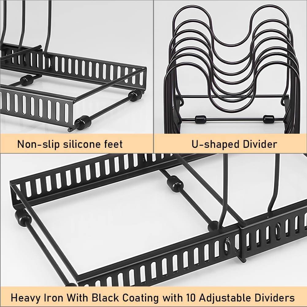 Pot and Pan Organizer for Cabinet with 10 Adjustable Compartments, Expandable Pot Racks, Pot Lid Organizer, Pan Holder Storage Rack for Kitchen Cabinet(Black) image number 4