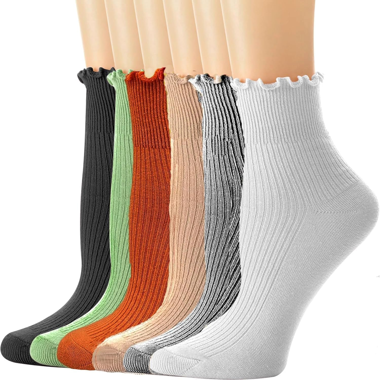 6 Pairs Womens Ruffle Socks,H HOME-MART Ruffle Turn-Cuff Casual Ankle Frilly Socks White Crew Socks Women Breathable Cool - 6 Pairs(6 Multicolor B) image number 7