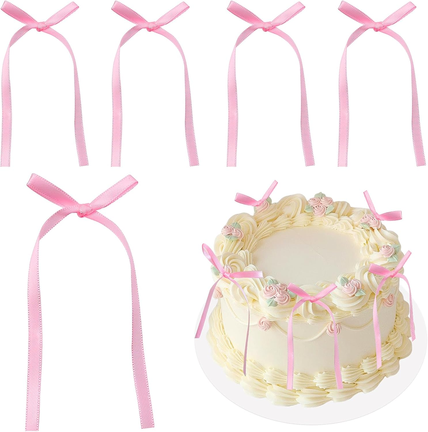 10PCS Light Pink Bow Cake Topper Bowknot Ribbons Bow Cake Dessert Picks Pink Cake Decorations for Baby Shower Kids Birthday Wedding Party Anniversary