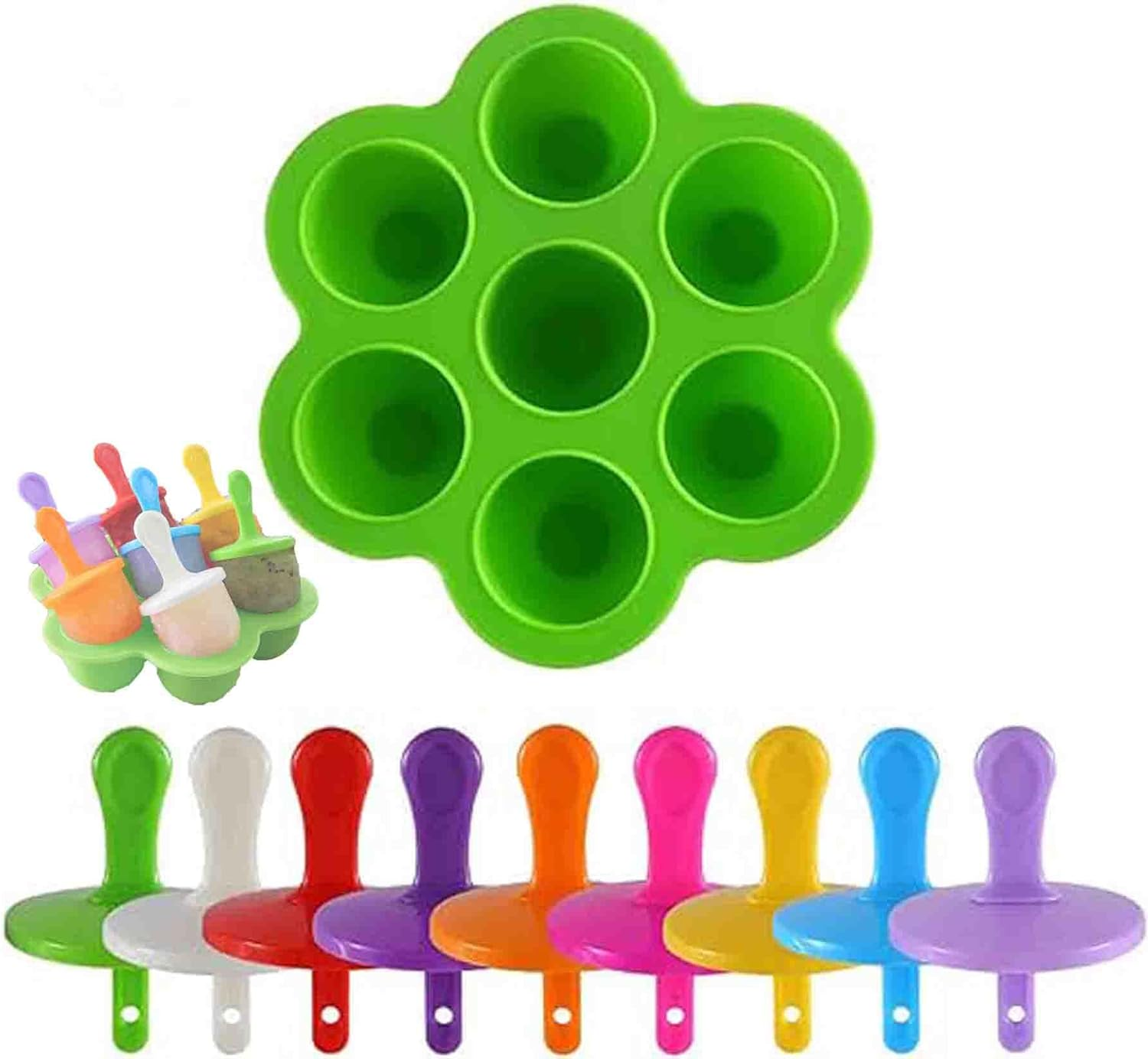 Mini Silicone Popsicle Mold, Food Storage Container 7-Cavity DIY Ice Pop Mold with Colorful Plastic Sticks Non-Stick Ice Cube Trays (Green) image number 6